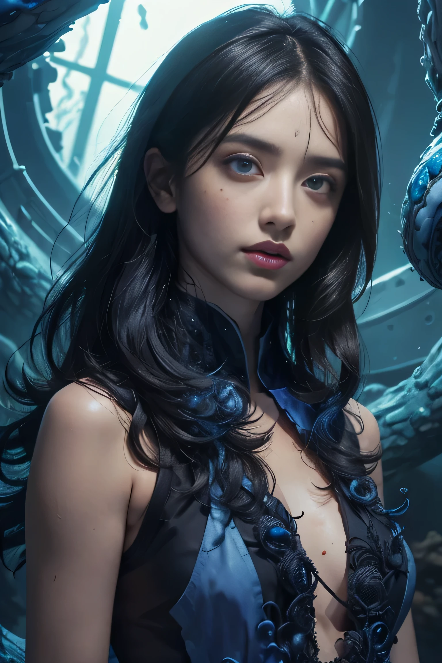 (((tronco))), female alien, Rosto bonito, seduz, olhos vermelhos, Corpo inteiro como, Uma sexy, Estrangeiro, sem humanos, an Estrangeiro, Cells are fused, multiple hands, (Many blue tentacles), (pele azul:1.3), extraterrestre, Cell, biographical image, atraente, melhor qualidade, 8k,4k_qualidade, alto_definition,dramatic lighting, mesa:1.5,cinematic qualidade, detalhar, (detalhes intrincados:1.2), alto resolution, High definition, desenhando fielmente, (sobrancelhas espessas:1.2), (Grandes olhos escarlate:1.6), Olhos bonitos com simetria fina, (olhos ultra detalhados:1.2),(rosto e olhos altamente detalhados:1.2), (High resolution red eyes:1.4), Intimate face, (Super detailed skin qualidade feeling:1.4), Anatomia perfeita, (Belo corpo tonificado:1.5), (moist skin:1.2), sem maquiagem, (dark circles:1.1), caninos longos