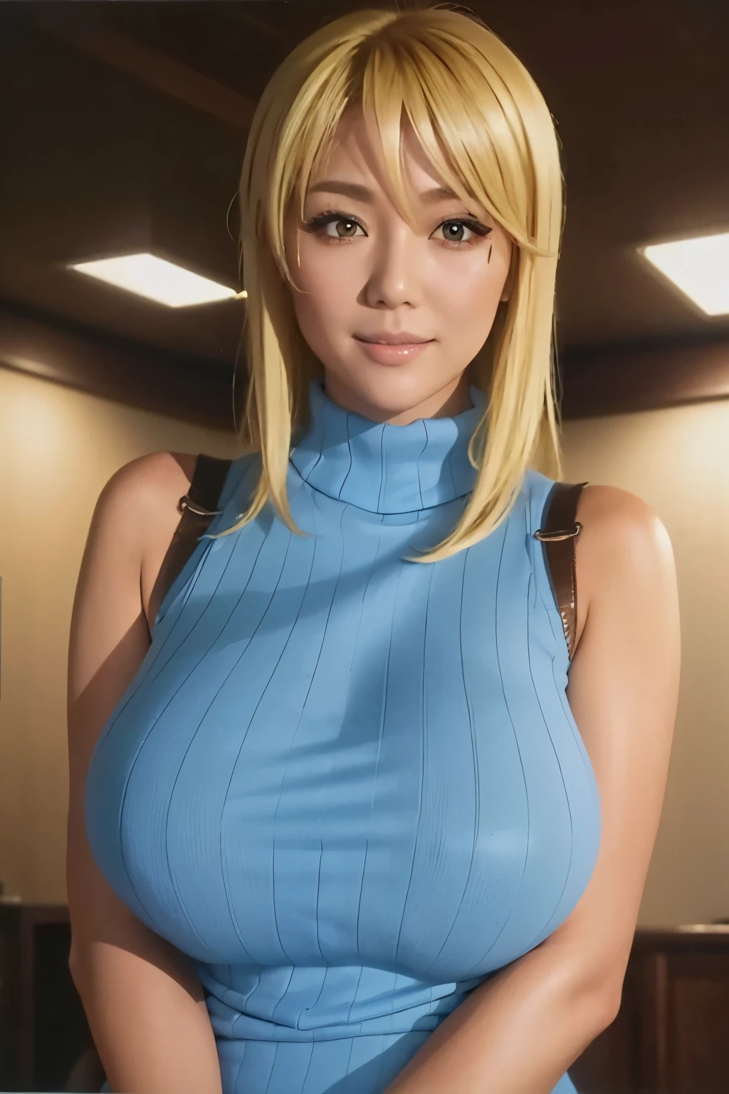 80's_jiaopian, 1girl, blonde hair, ((realistic)), ((photorealistic)),((high-res, masterpiece, best quality, cinema lighting)), masterpiece, best quality:1.2), upper body, solo, 1girl, smile, closed mouth, masterpiece, best quality, 4k, photograph, cinemtaic lighting, modelshoot, perfect lighting, perfect detailed face, professional photoshoot, seductive smile, wide hips, thick thighs, short female,(((huge breasts))),((((shizuka marikawa)))), blonde hair, blue turtle neck sweater, sleeveless, realistic,(((beautiful))),japanese female,((mature female 1.3)), PlayboyCoverQuiron style,playboy cover