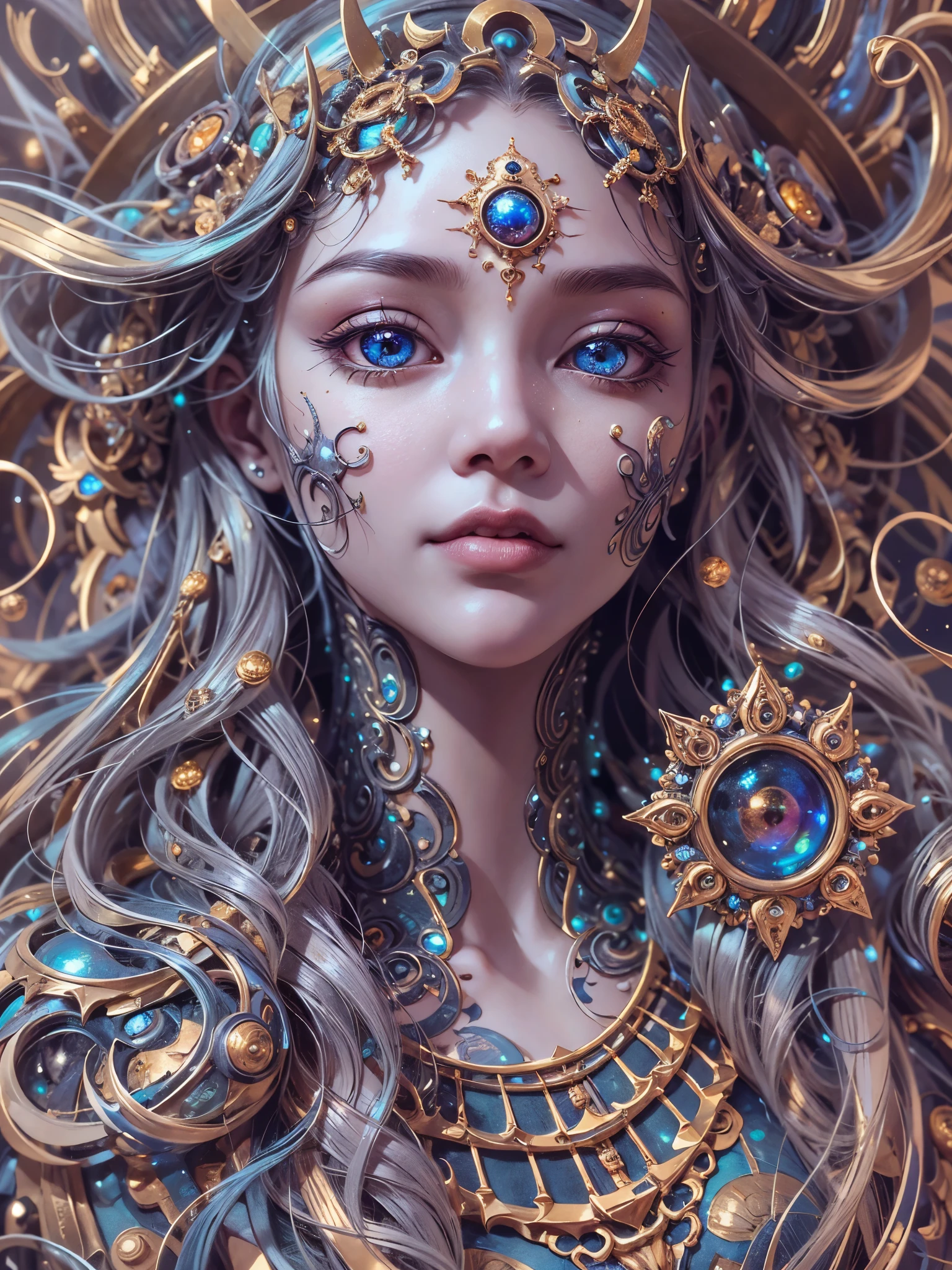 (Best quality,ultra - detailed,The best illustration,Best shadow,the masterpiece,a high resolution,professional artwork,famous work of art),Detailed eyes,Beautiful eyes,cleavage close up,Sci-fi,colored sclera,Robot Eyes,Markings on the face,Tattooed with,(fractalized,Fractal eyes),big eyes,Wide eyes,(Eye Focus),focus on the face,Cosmic eyes,Cosmic eyes,a close up of a metal sculpture of a woman with a moon in her hair,goodness。extremely high detail,3 d goodnesss portrait,Extremely detailed footage of the goodnesss,a stunning portrait of a goodnesss,Side image of the goodnesss,portrait of a beautiful goodnesss,Full body close-up portrait of the goodnesss,hecate goodnesss,portrait of a norse moon goodnesss,goodnesss of space and time