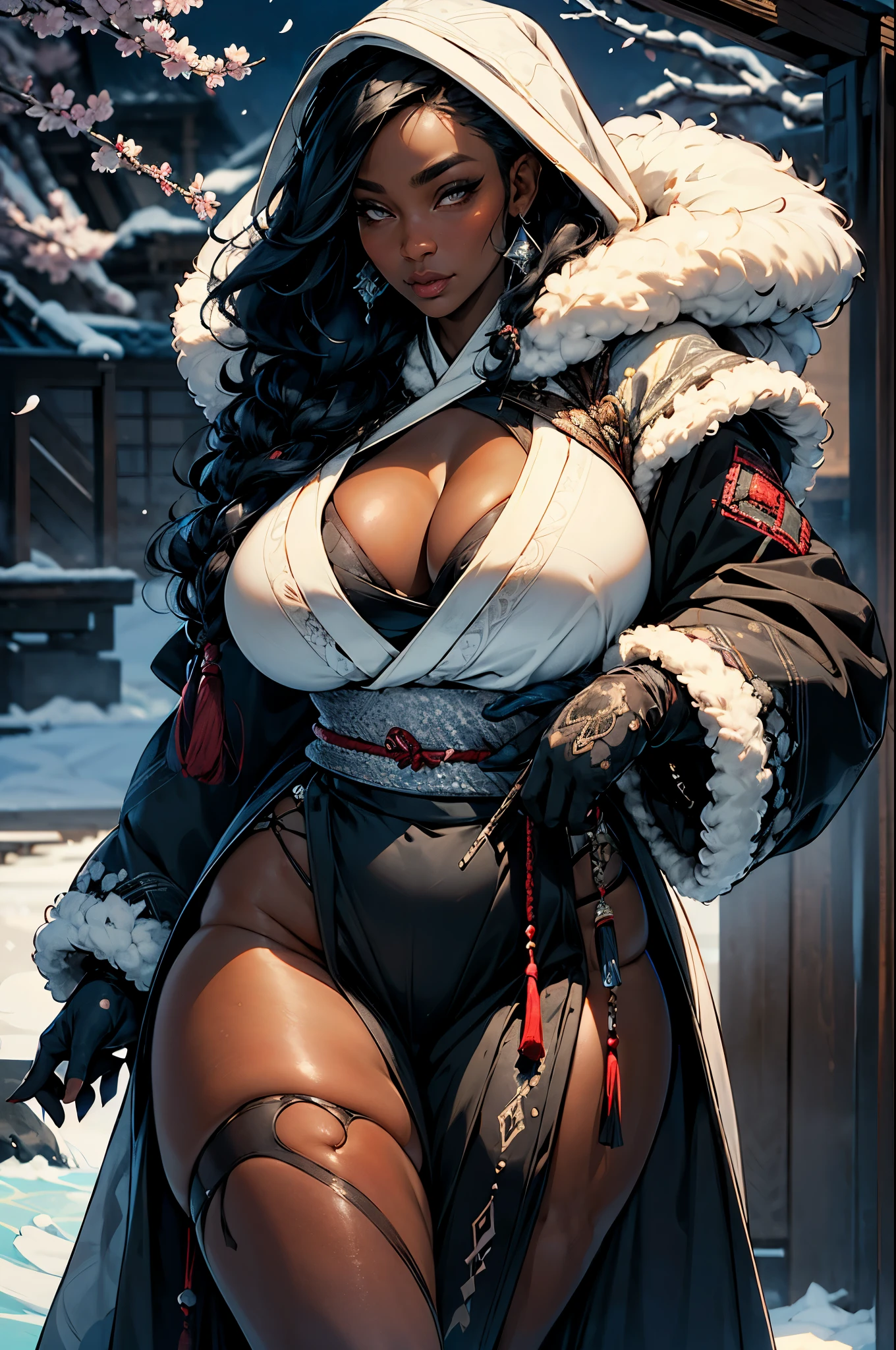 1girl, icestylesamurai, dark skin, very long black hair, vibrant moonlight eyes, long detailed eyelashes, gloves, wide sleeves, , tassel, sash, the most beautiful and highly detailed hooded kimono, fur trim, curvy body type, perfect ass, thick thighs, super huge enormously gigantic breasts, cleavage showing, tons of tattoos and piercings, arching her back in a sexy seductive slutty pose, looking at the viewer, cherry blossoms blowing in the wind 