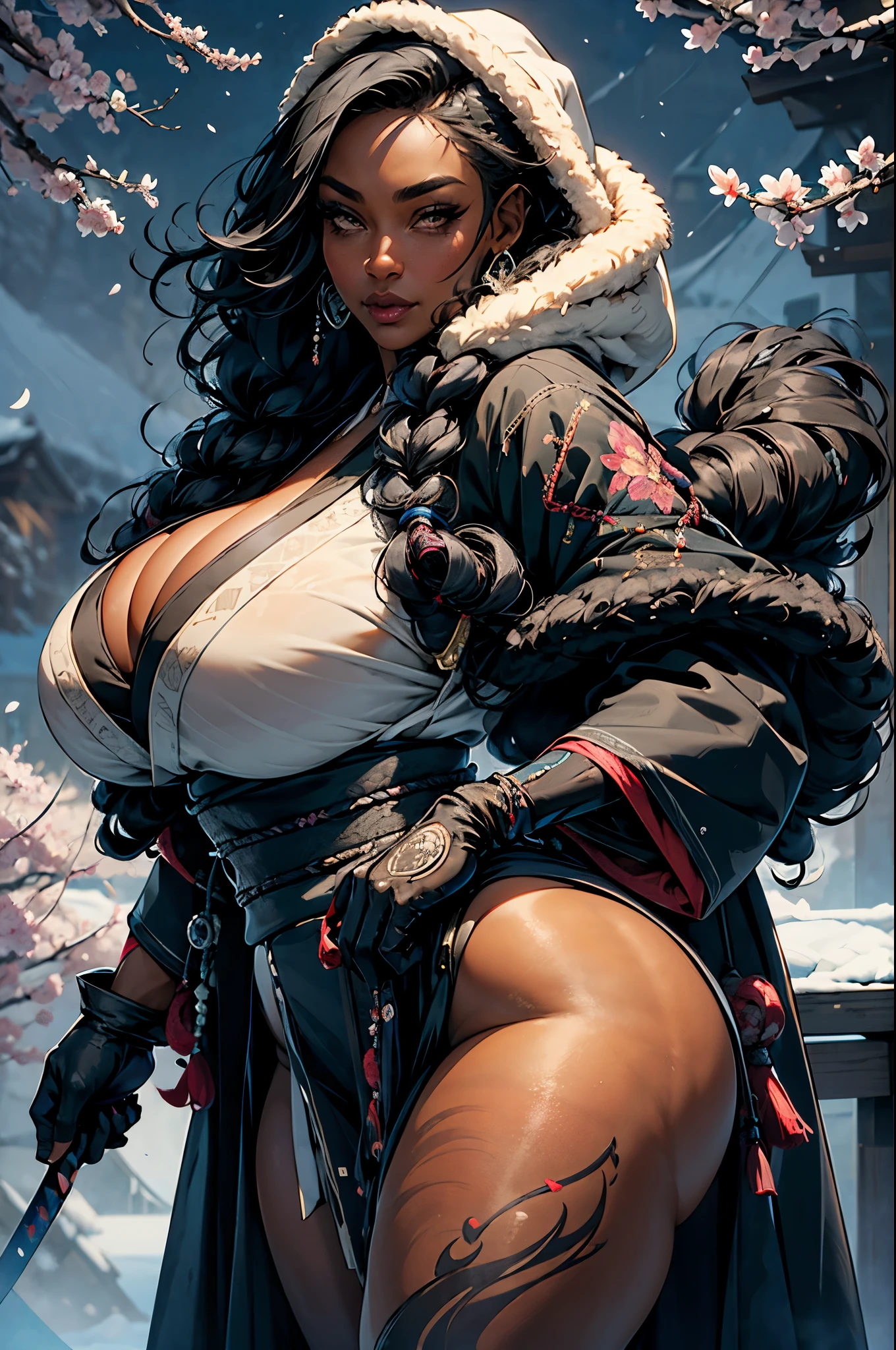 1girl, icestylesamurai, dark skin, very long black hair, vibrant moonlight eyes, long detailed eyelashes, gloves, wide sleeves, , tassel, sash, the most beautiful and highly detailed hooded kimono, fur trim, curvy body type, perfect ass, thick thighs, super huge enormously gigantic breasts, cleavage showing, tons of tattoos and piercings, arching her back in a sexy seductive slutty pose, looking at the viewer, cherry blossoms blowing in the wind 