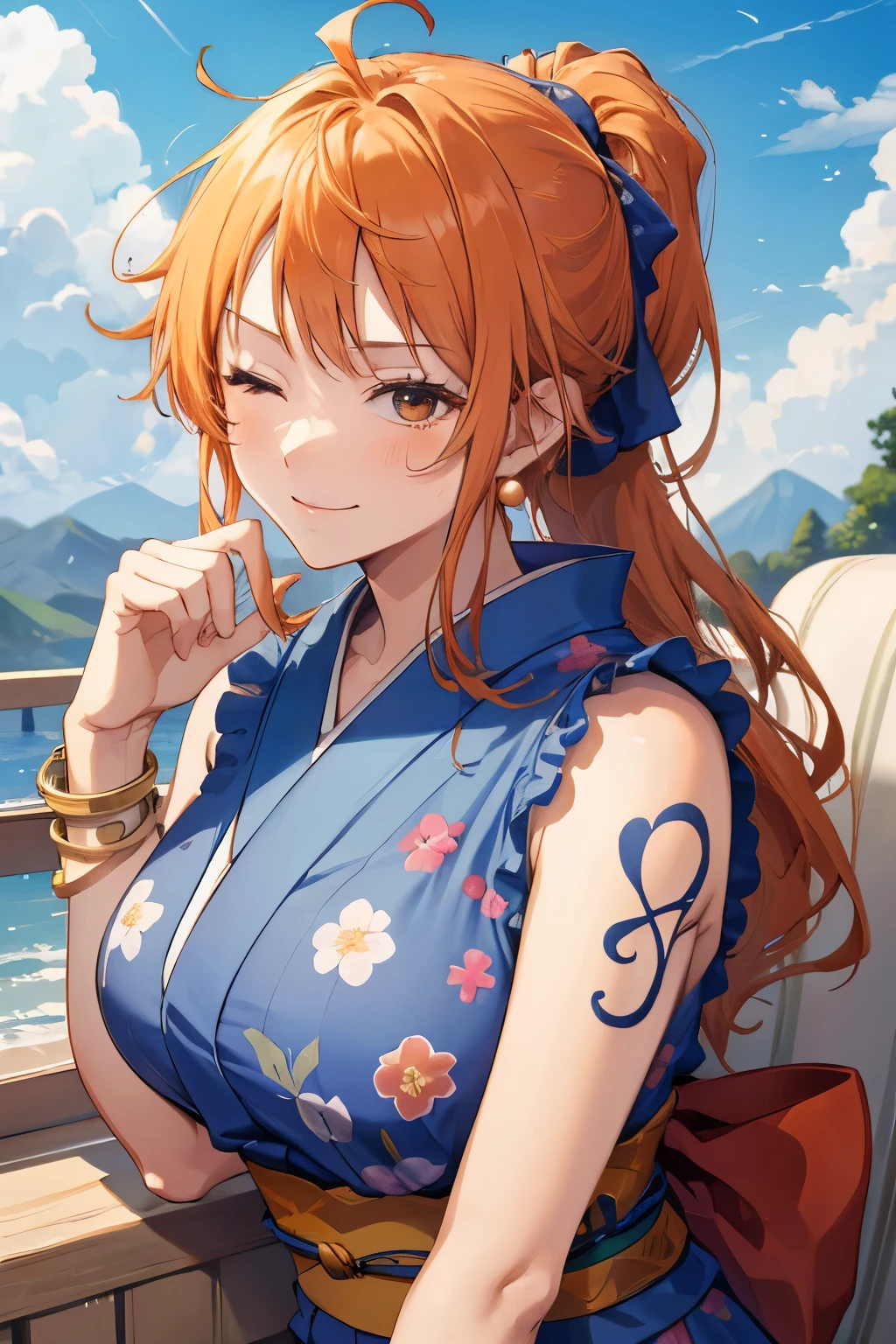 2d, masterpiece, best quality, anime, highly detailed face, highly detailed background, perfect lighting, wano, nami, 1girl, solo, one eye closed, long hair, smile, jewelry, sash, japanese clothes, obi, orange hair, kimono, bow, light blue kimono, flower, flower print, earrings, looking at viewer, sleeveless kimono, ahoge, ribbon, hair bow, sky, day, bracelet, sleeveless, ;\), blue bow, outdoors, breasts, cloud, closed mouth, ponytail, blue sky, brown eyes, orange eyes, left shoulder tattoo, bare shoulders, very long hair, sidelocks, bangs, collarbone, upper body, left arm tattoo, bare arms, official alternate costume, blurry, hand gesture, alternate costume, medium breasts, blurry background, large breasts, eyelashes, mountain, parody, cloudy sky, sitting, shiny hair, bangle, wavy hair, 