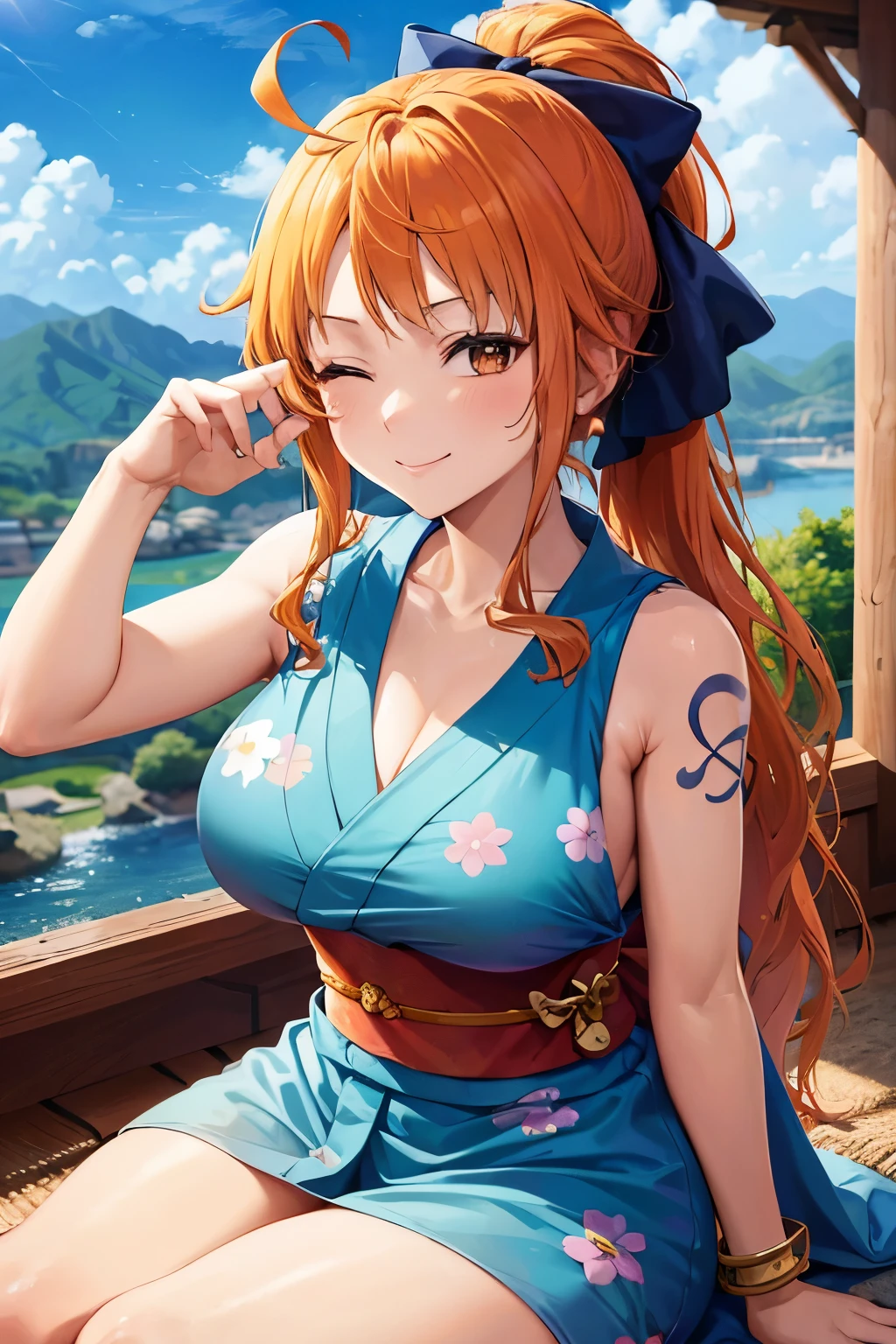 2d, masterpiece, best quality, anime, highly detailed face, highly detailed background, perfect lighting, wano, nami, 1girl, solo, one eye closed, long hair, smile, jewelry, sash, japanese clothes, obi, orange hair, kimono, bow, light blue kimono, flower, flower print, earrings, looking at viewer, sleeveless kimono, ahoge, ribbon, hair bow, sky, day, bracelet, sleeveless, ;\), blue bow, outdoors, breasts, cloud, closed mouth, ponytail, blue sky, brown eyes, orange eyes, left shoulder tattoo, bare shoulders, very long hair, sidelocks, bangs, collarbone, upper body, left arm tattoo, bare arms, official alternate costume, blurry, hand gesture, alternate costume, medium breasts, blurry background, large breasts, eyelashes, mountain, parody, cloudy sky, sitting, shiny hair, bangle, wavy hair, 