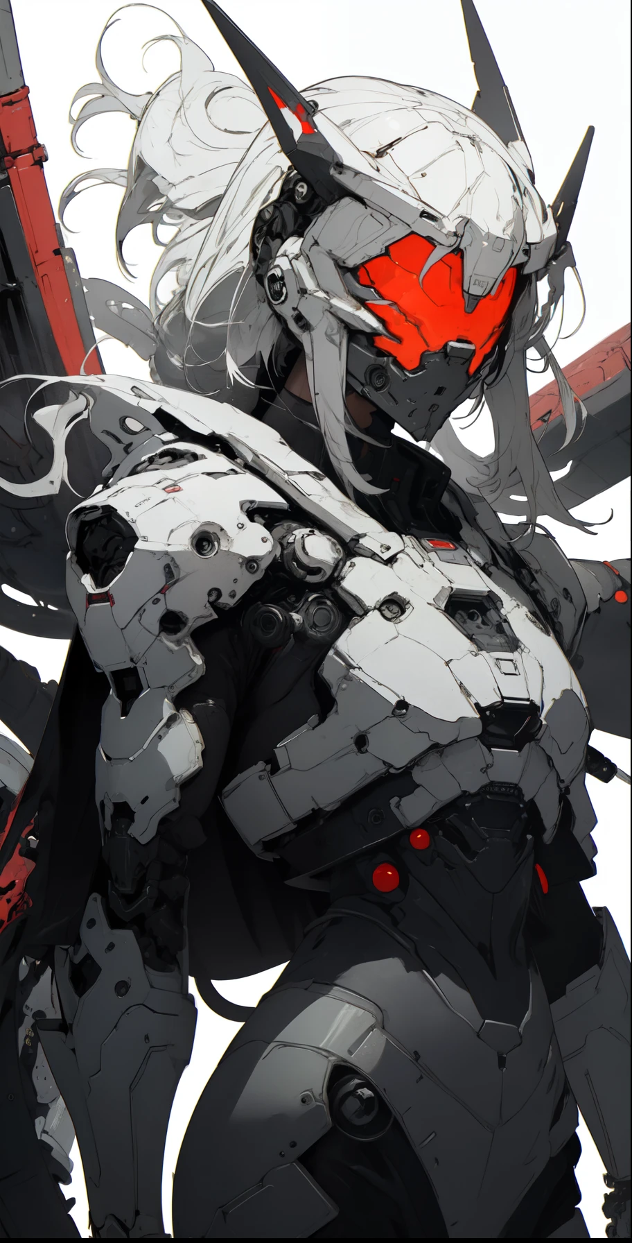 a close up of a female deity with a black and red biomechanical body, black and white void space, mix of magic and science, magic, science, black and red biomechanical details, silver tracing around some armor pieces, great character design, white biomechanical details, red mecha, highly detailed exquisite art, intricate red armor, no face, halo of energy over his head, 