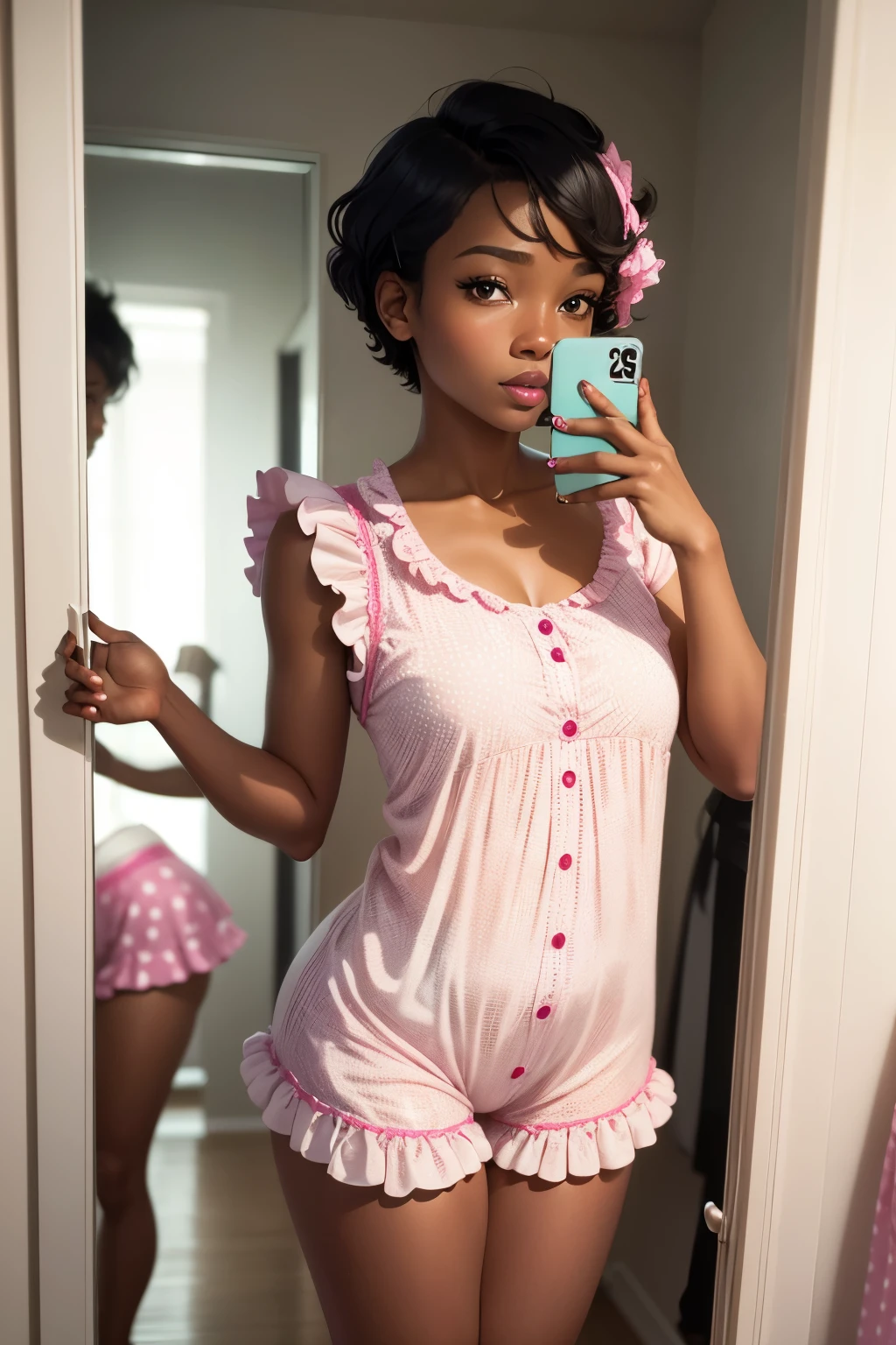 Showing off her playful and vibrant spirit, Esssica, a 30-year-old black woman with short chestnut hair and curious eyes, proudly dons her pink frilly onesie with white polka dots. She stands before the mirror, gazing intently at her reflection, flaunting her carefree and lively personality.