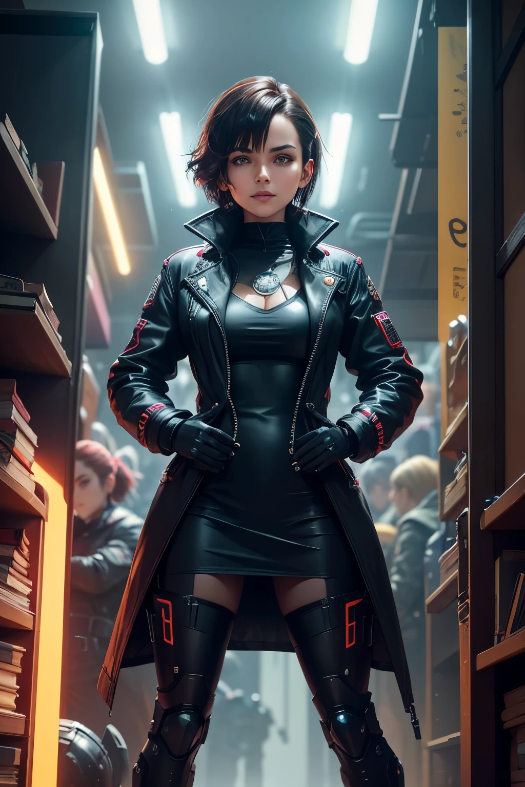 In the vibrant world of cyberpunk, a charismatic figure dressed in black steps forward, revealing a sleek mecha hidden beneath her trench coat. With a confident grin, she showcases her Machina Alter ego, its intricate mechanisms glinting under the neon lights. The crowd watches in awe as she effortlessly maneuvers the mecha, its bulky frame seemingly defying the laws of physics.
Meanwhile, Esssica, an inquisitive and adventurous woman with short chestnut hair and penetrating eyes, finds herself immersed in a realm of knowledge. Surrounded by her cluttered studio, littered with textbooks and formulas,