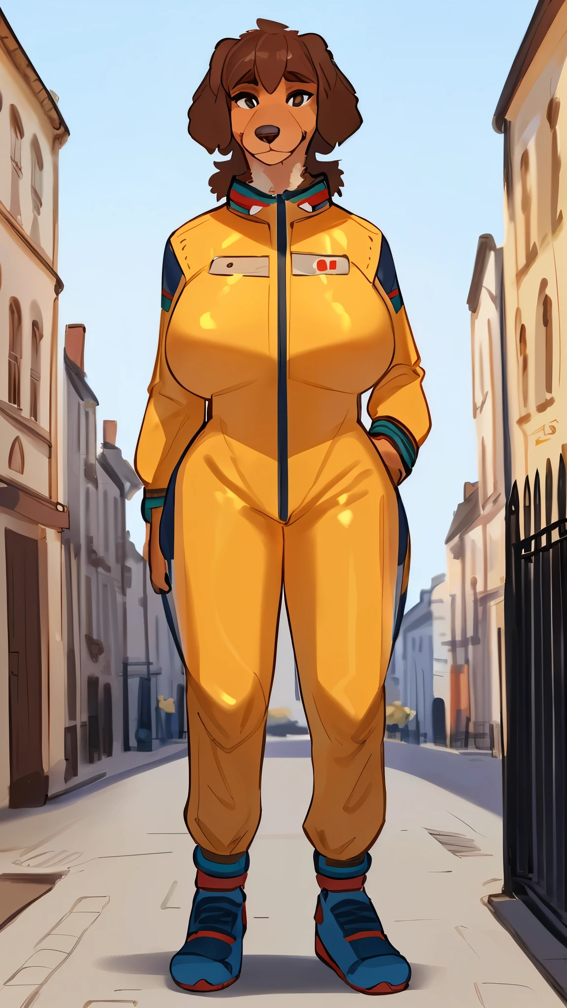 By bebebebebe, by lostgoose, by goonie-san, solo, female, canine, (((hair, doodle))), standing, (tail, snout, detailed eyes), standing, (french city), ((armani spacesuit)), adult, mature, big breasts