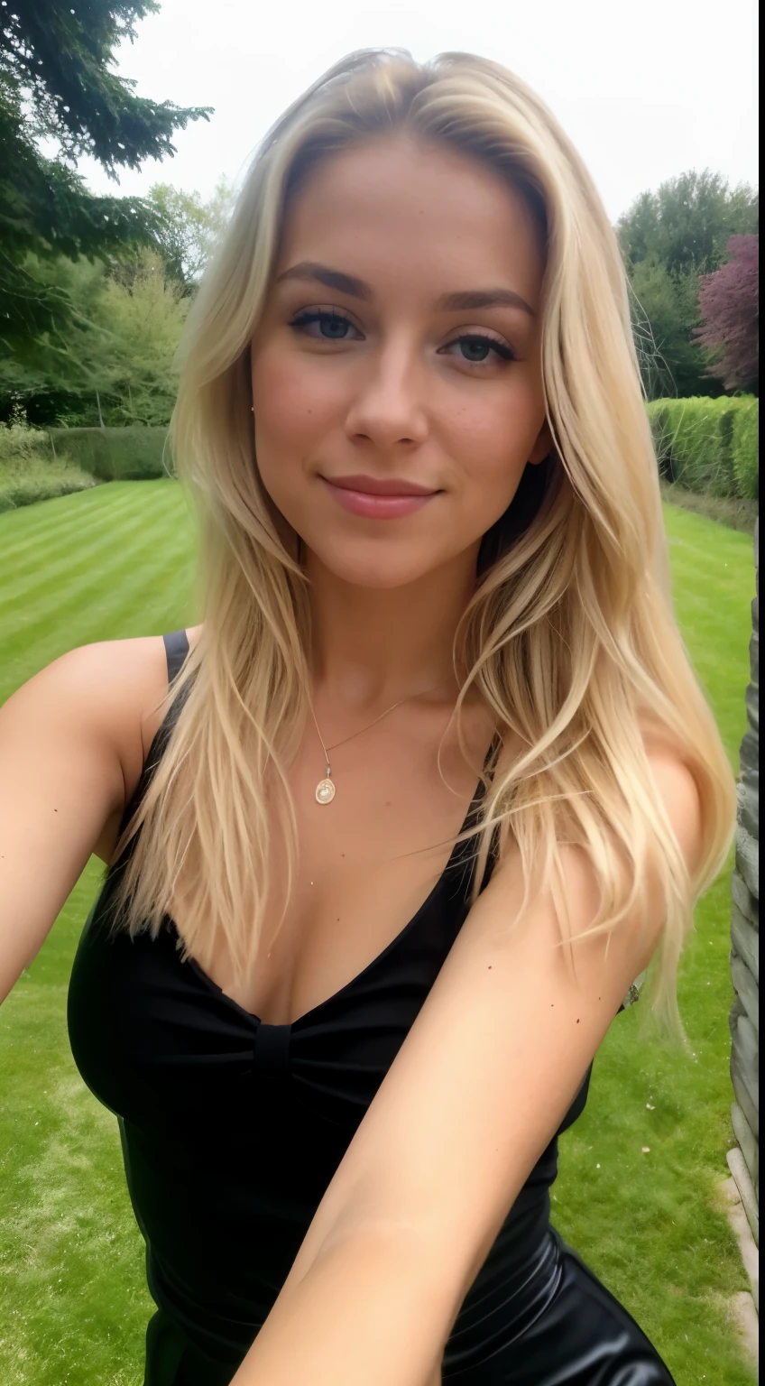 A 23 year old blonde woman, ((Little breasts)), ((Hyperrealismus)) ,. Blondes Haar mit hellbraunem Ansatz. blondes Haar, Haare mit braunen Wurzeln, extra langes Haar, sehr langes Haar, wirklich lange Haare, Nice, Vorderansicht, Selfie, Mit dem iPhone aufgenommenes Foto, elegantes schwarzes Hemd mit Escote, escotada, Selfie in the garden, Good quality, Selfie iPhone, Dekollete