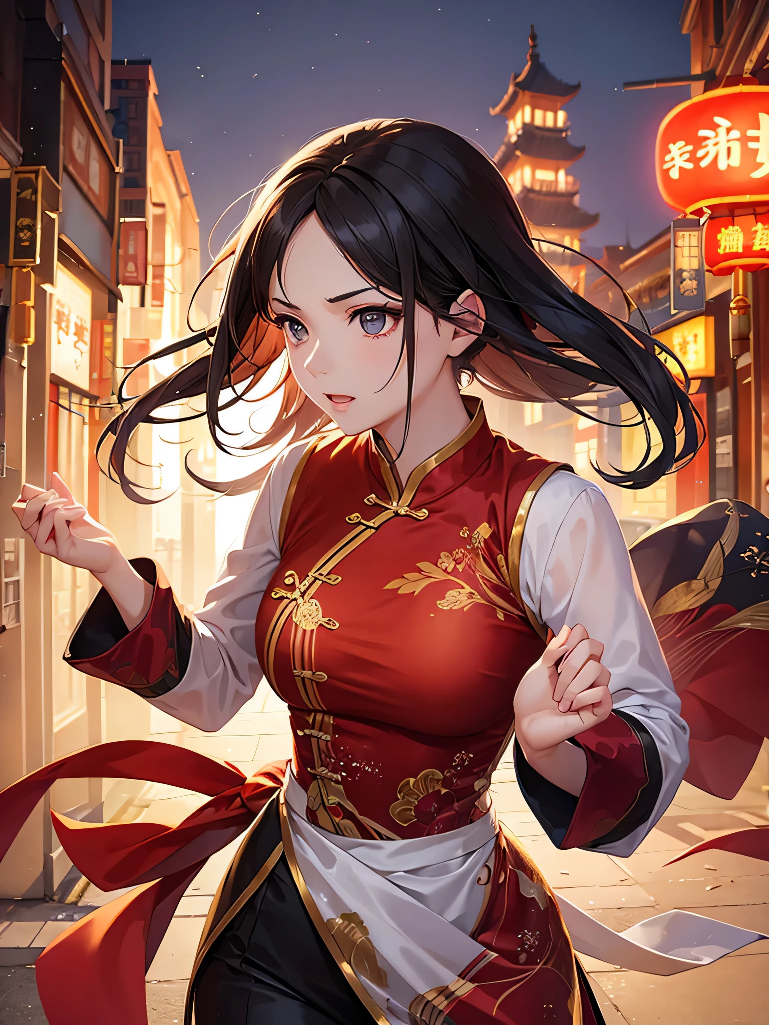 woman portrait ,20 years,Chinese,Upper body,Chinese clothes,shanghai street,cinematic lighting,fighting pose,
