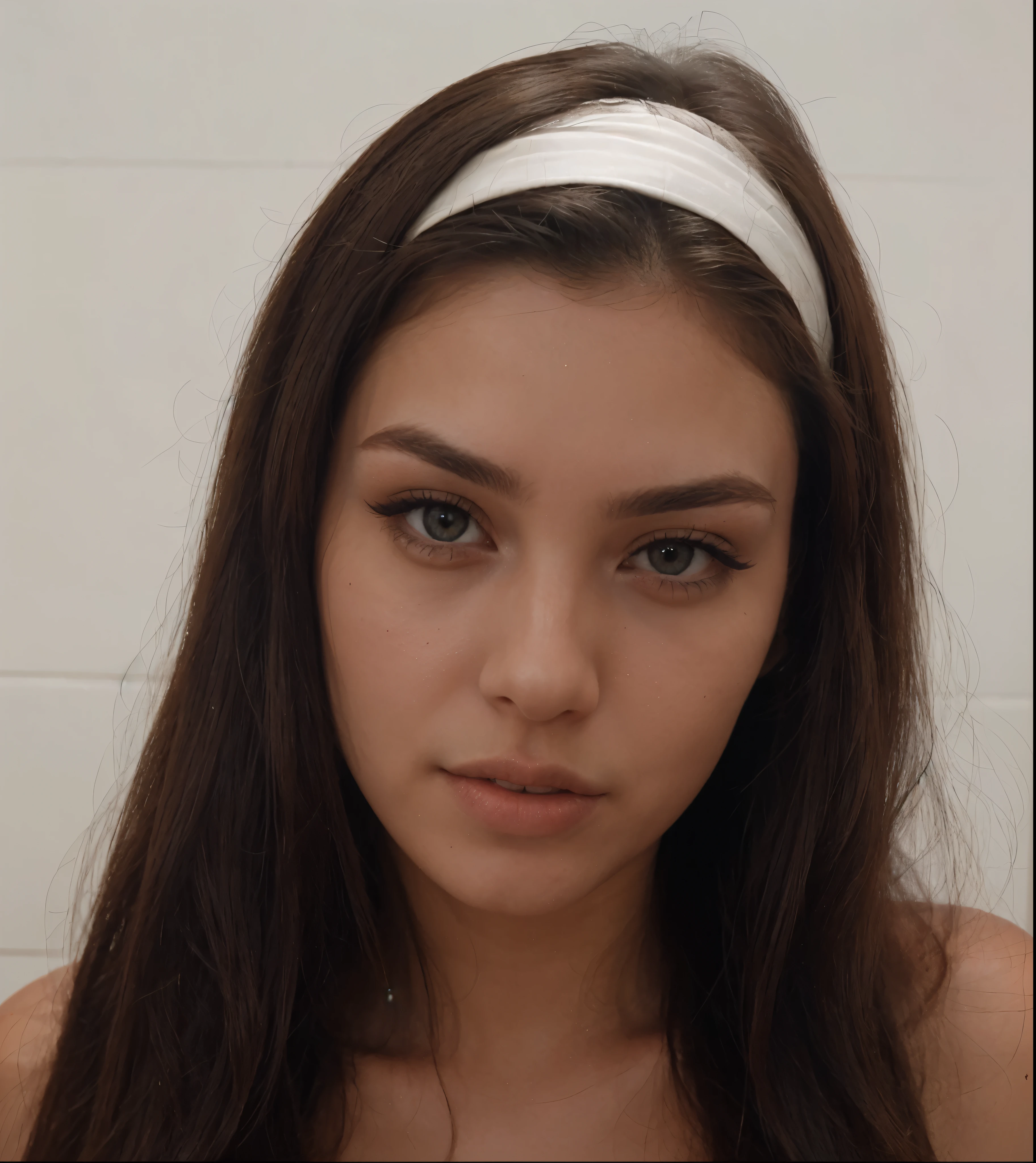 Photo of European woman, photorealistic, high quality, beautiful face, brown balayage hair, long straight hair, 22 years old, ultra contrast, tanned skin, the most beautiful girl, black smokey eye shadow, full body, extremely realistic.