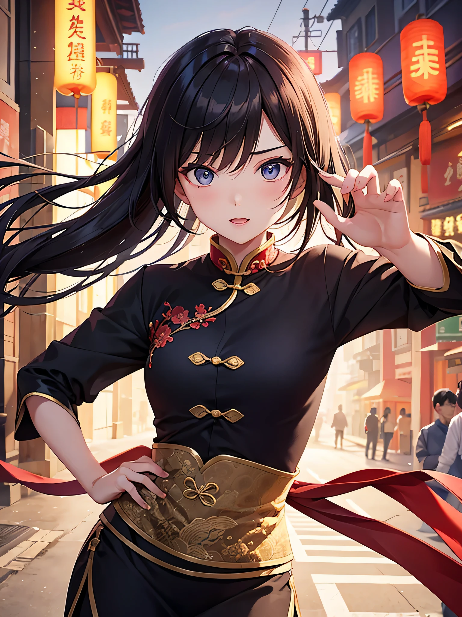 woman portrait ,20 years,Chinese,Upper body,Chinese clothes,shanghai street,cinematic lighting,fighting pose,
