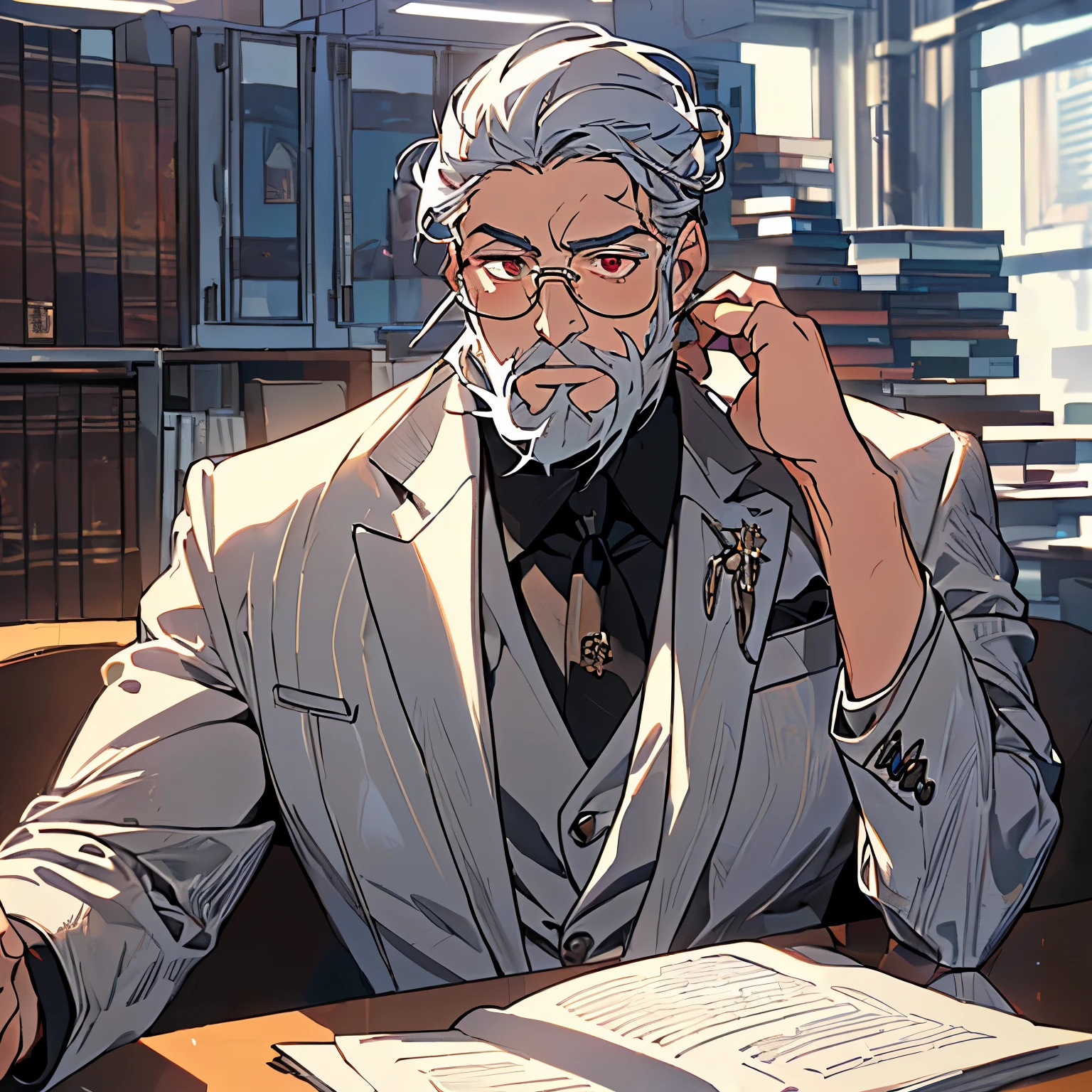 ((High quality)), ((Masterpiece)), 1 white-haired uncle in a black suit,full bodyesbian,black-frame glasses,lbeard,Wrinkles,black necktie,In the coffee shop at night