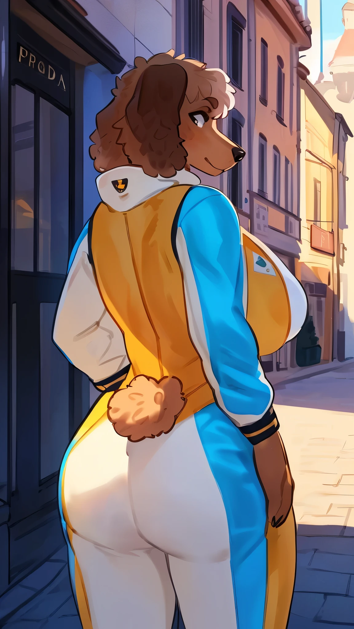 By bebebebebe, by lostgoose, by goonie-san, solo, female, canine, (((hair, labradoodle))), standing, (snout, detailed eyes), standing, (french city), ((prada spacesuit)), big breasts, view from behind, looking over should, view of butt, defined butt,