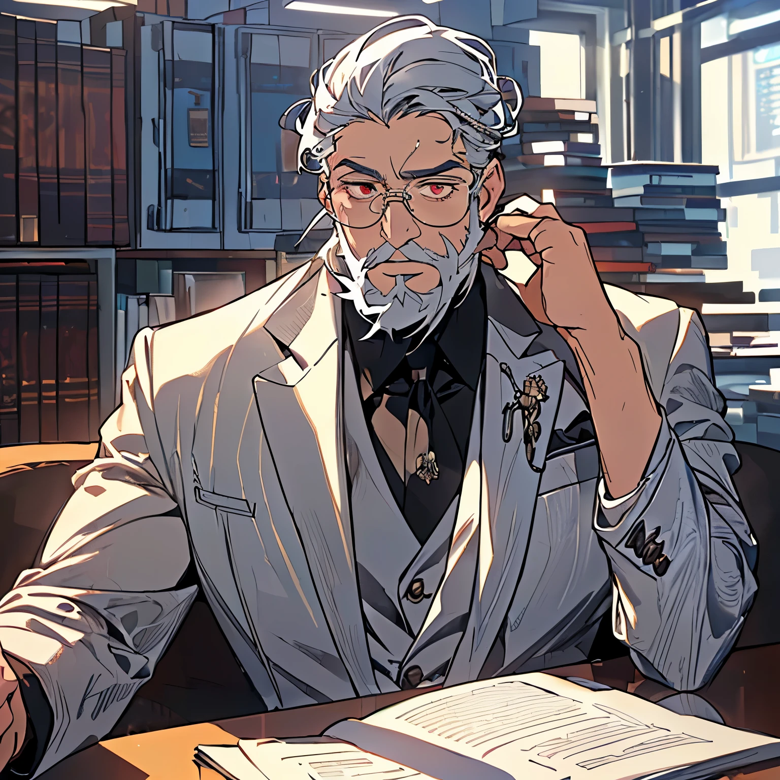 midjourney, ((best quality)), ((masterpiece)), (detailed), perfect face, (60 years old: 1.5), (solo: 1.5), (older male: 1.5), (face wrinkles: 1.5), ((silver hair, bun)), (red eyes), (glasses), (chubby: 1.4), (beard: 1.5), (elegant suit: 1.5), (private office: 1.4)