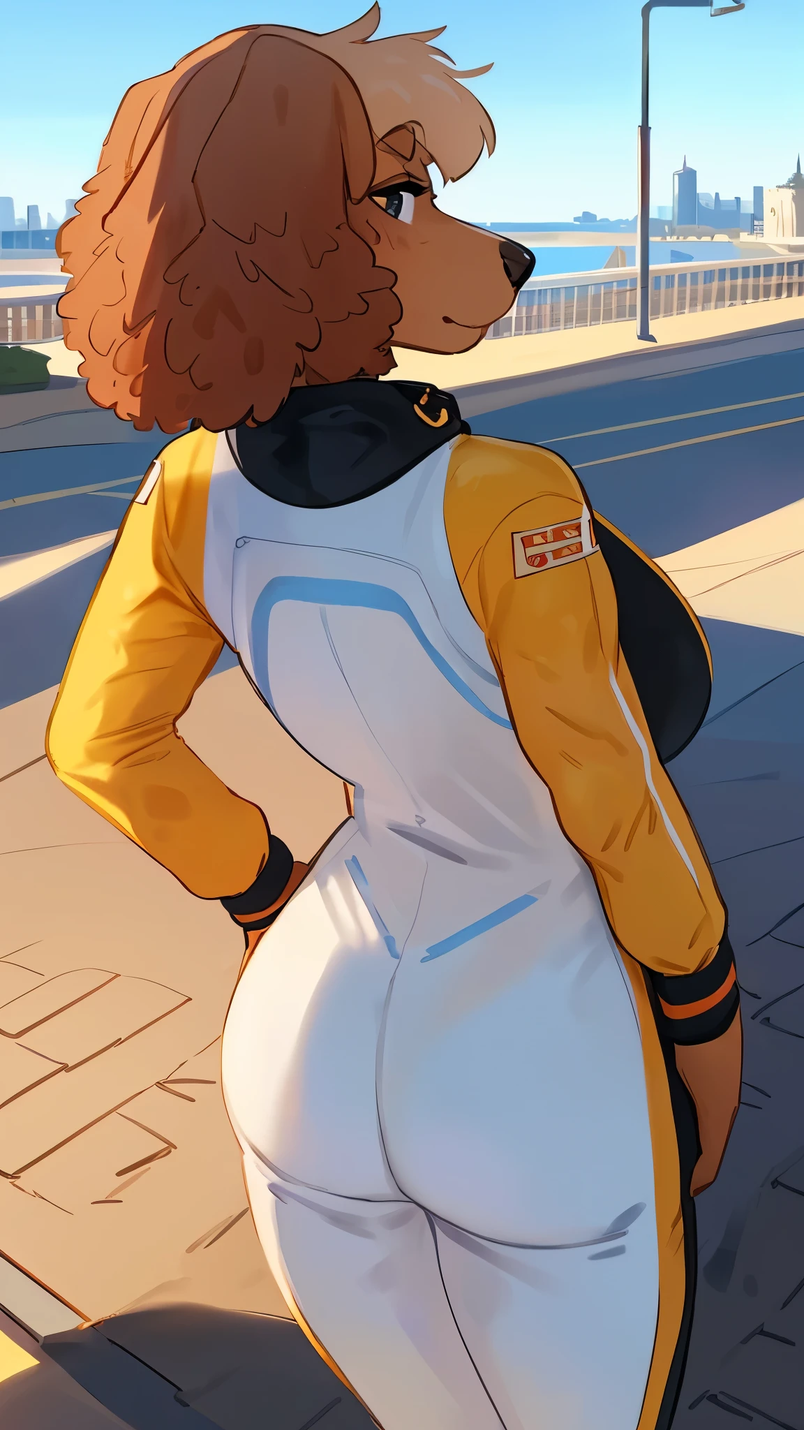 By bebebebebe, by lostgoose, by goonie-san, solo, female, canine, (((hair, labradoodle))), standing, (snout, detailed eyes), standing, (french city), ((prada spacesuit)), big breasts, view from behind, looking over should, view of butt, defined butt,