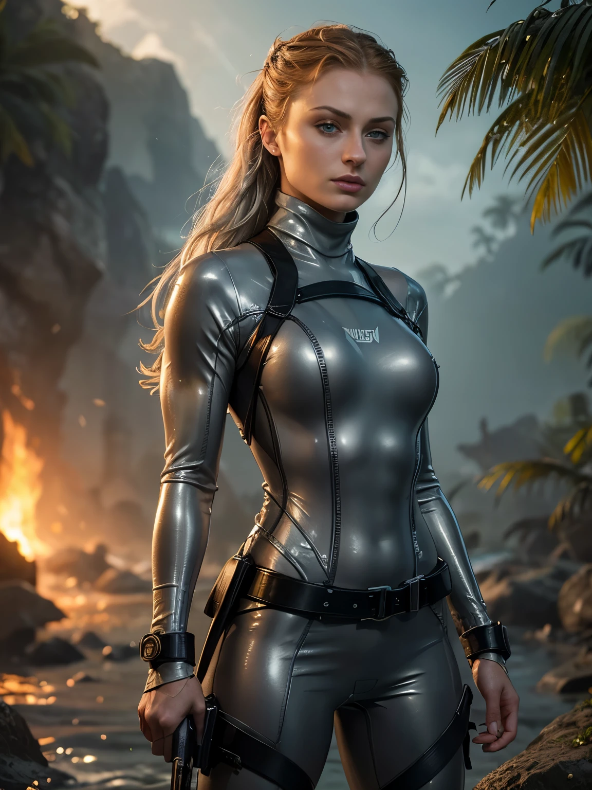 ((Sophie Turner)) as Lara Croft Tomb Raider, (wearing a grey silver pvc turtleneck wetsuit:1.3), posing in an ancient Mayan lagoon, jungle plants, jungle flowers, raging fires in background, sunset setting, tropical birds in sky, wet skin, red wavy hair, photoreal render，high contrast image, rendering by octane，zbrush。character design，realisticlying，unreal-engine，ultra - detailed，concept-art，trends in art station。 ((best quality)), ((masterpiece)), ((realistic)), (detailed), blue eyes, highly detailed skin and hair, looking at the viewer, Fantasy art，stunning gradient colors，detailed background，extremely detaile, tmasterpiece)，HDR, front view,