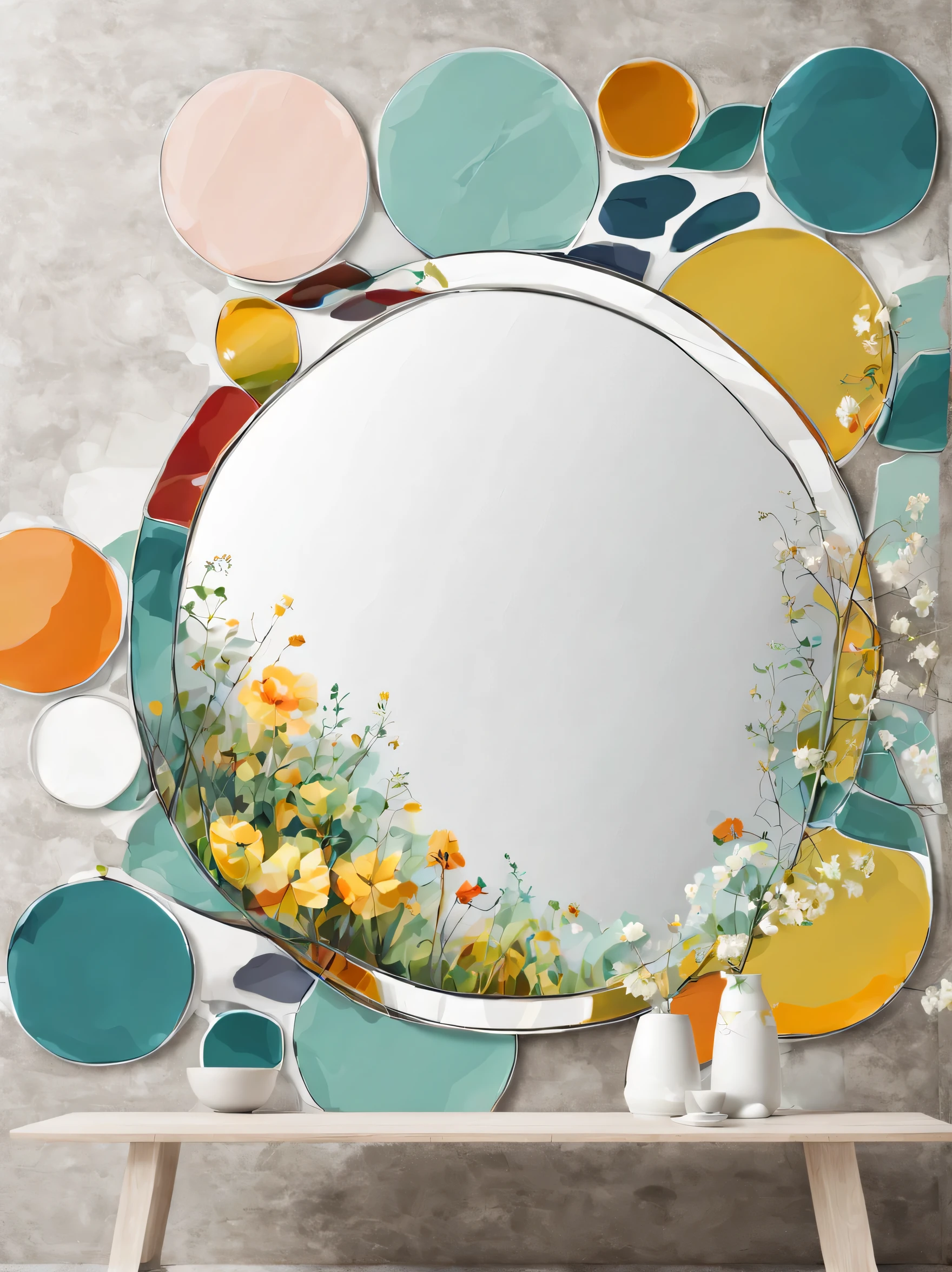 GARDEN  BACKYARD  abstract mirrors, abstract scene design, real porcelain texture effect, the nonlinear. digital painting, abstract concept, round mirror on the wall, on a plate, RECTANGLE BANNER  IN CENTER
