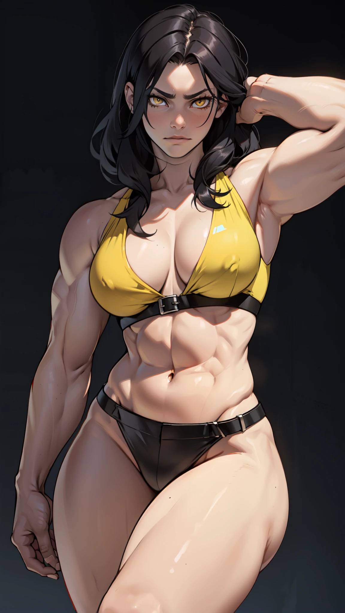 muscular girl thin waist toned body large breasts thick thighs pale skin girl black hair yellow eyes sad chiaroscuro muscular muscular