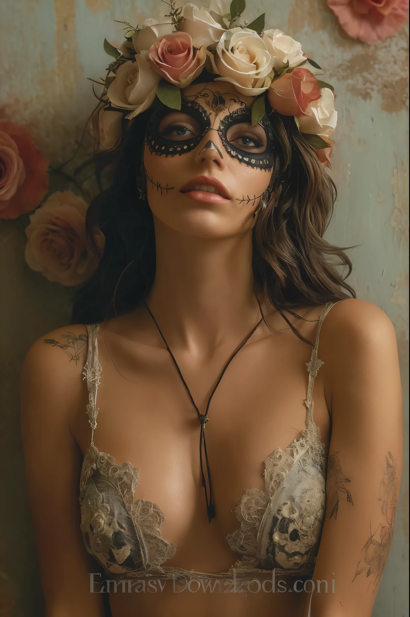 Arafed woman with a mask and roses in her hair., inspired por Hedi Xandt, hermosa mujer mexicana, por Hedi Xandt, hermoso cuerpo y rostro detallados, karol bak uhd, cuerpo cubierto de tatuajes florales, mask off, dia de los muertos. 8 mil, cuerpo intrincado, inspirado en Elsa Bleda, Stefan Gesell