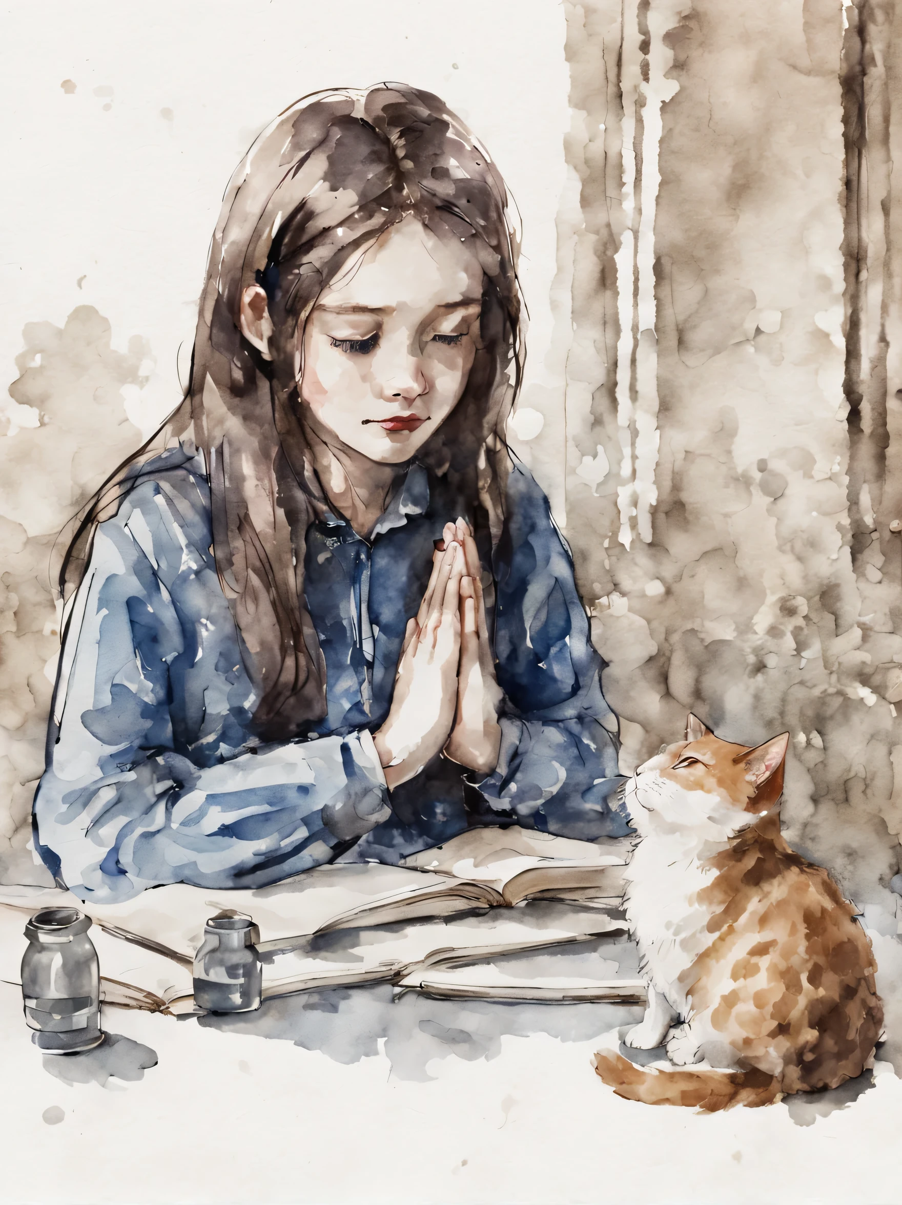 praying girl and cat, watercolor, ink painting, sketch, ink wash painting, soft focus, Blurry and blurry