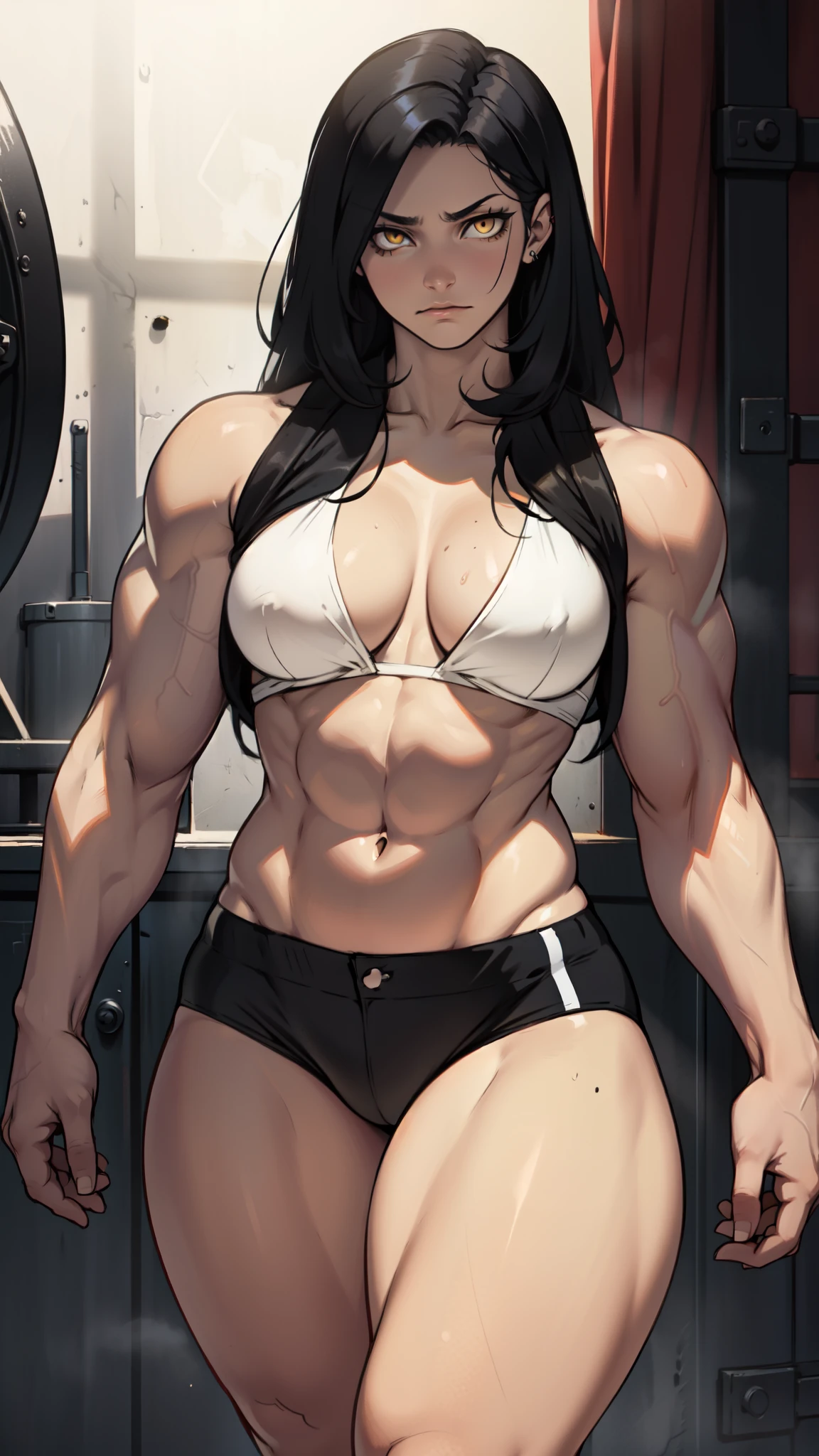 muscular girl thin waist toned body large breasts thick thighs pale skin girl black hair yellow eyes sad chiaroscuro muscular muscular