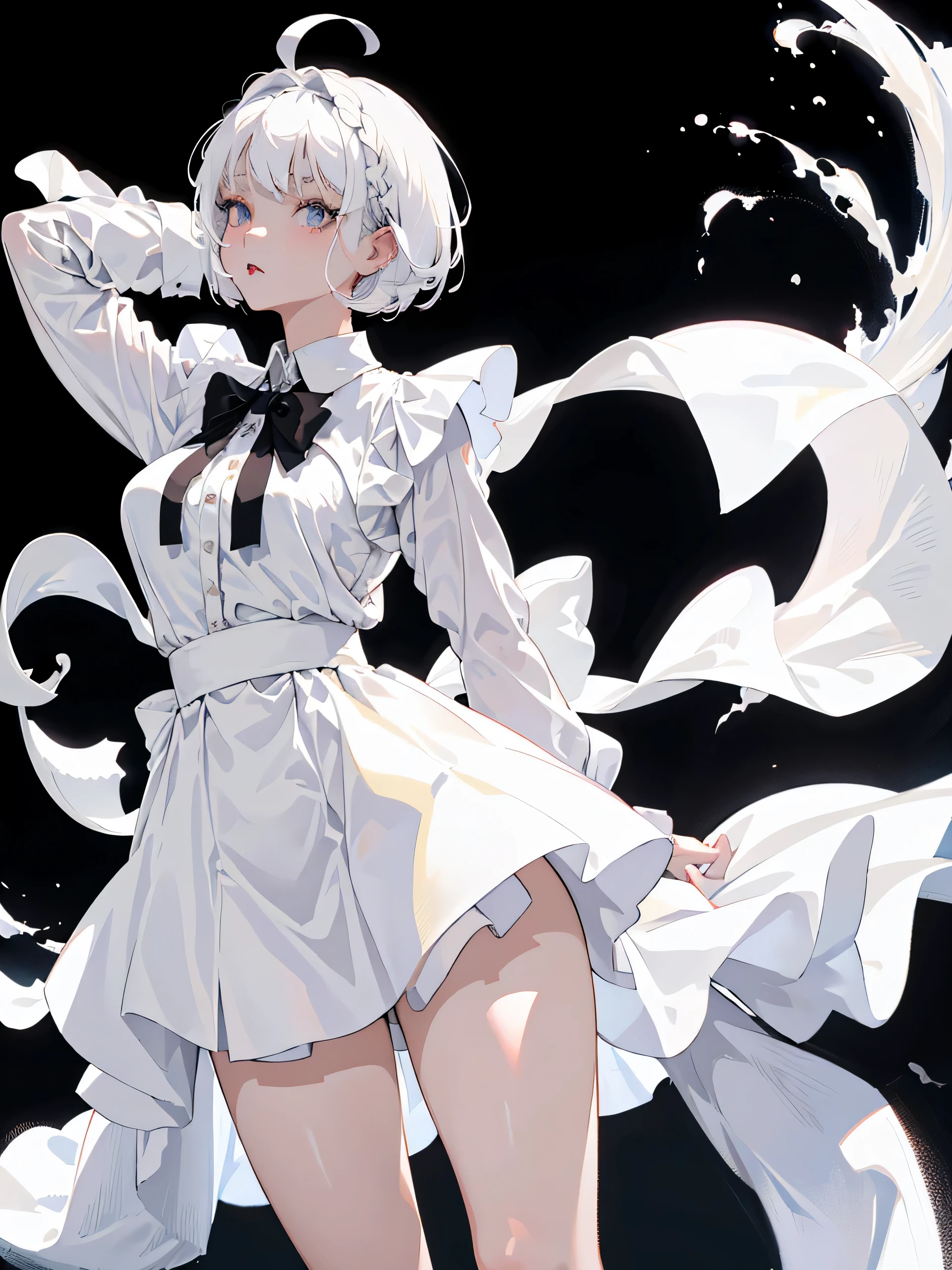 ((masterpiece, highest quality)), (1 girl), (alone), (female focus), (Ahoge, gray hair, short hair), (black eye, clear eyes, Big eyes), ((white shirt), (buttoned shirt)), ((black skirt), (short skirt)), Are standing, white background, turn your arms behind your back, (big breasts),