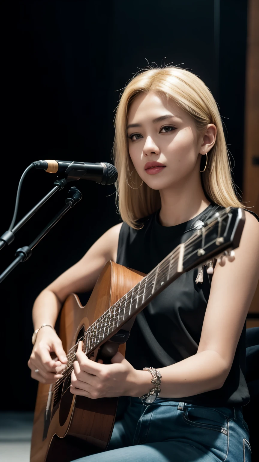 a photo of gorgeous blunt blonde avrlvgne woman, wearing a sleeveless blouse, slim pants, sitting playing guitar with adult Indonesian wearing casual clothes, perfect eyes, perfect hands, curvy hips, ultra detailed skin BREAK best quality, deep shadows,  8k, dslr, Kodak ektar 100, Fujifilm XT3, F4, 1/800s, ISO 100, RAW 