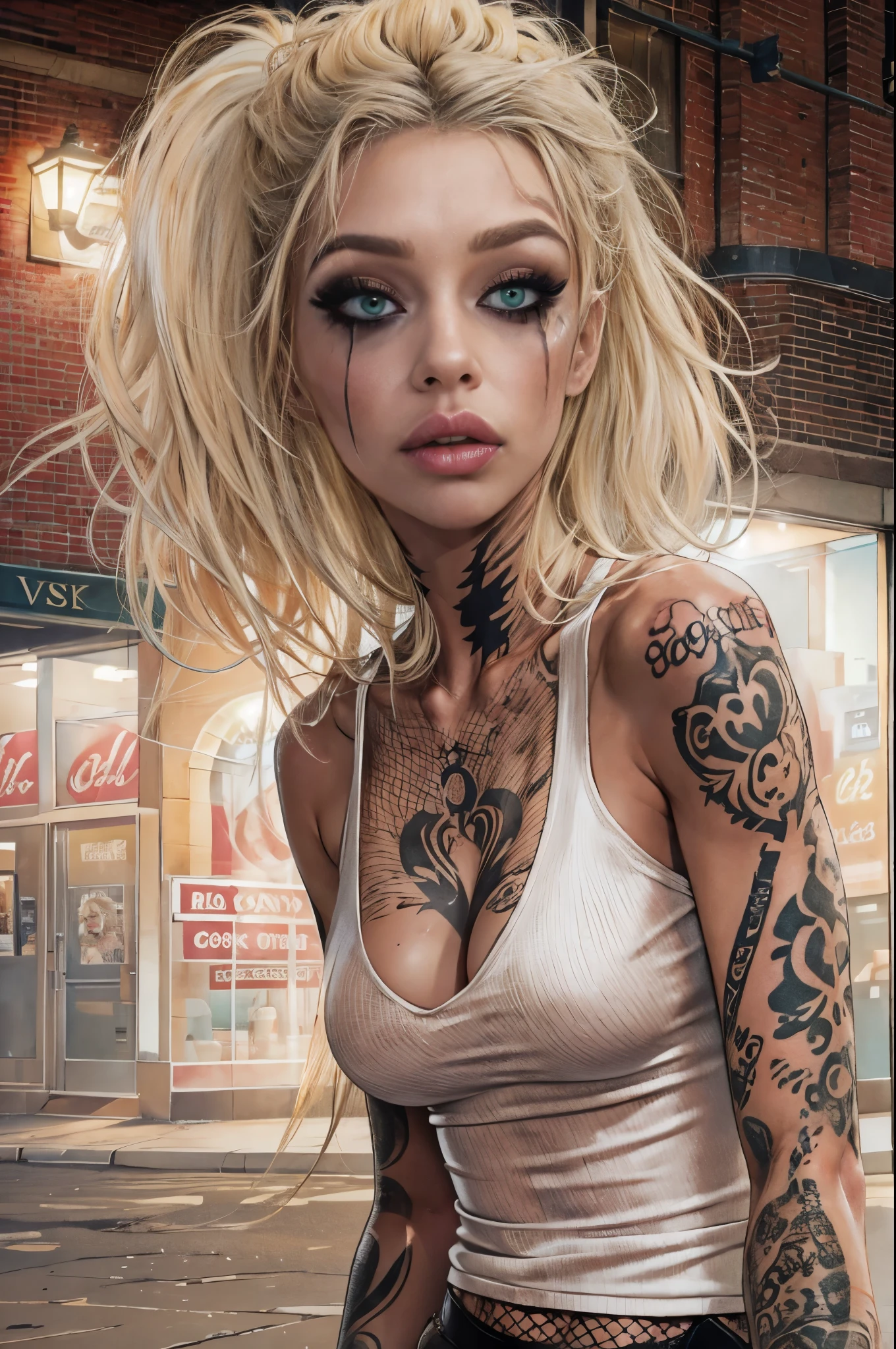 1girl,  ugly face, age 29, English, Solo, bad skin, rough look, bruises, fake eyelashes, (wearing an of white tight dress:1.3),fishnet stockings, skinny, (eyes half closed:1.1), prostitute, drugged look, drunk, dyed blond long messy hair tied up, Looking at Viewer, green eyes, (tattoos:1.0), ((Full body shot)), Realistic, massive eyelashes, in the streets of Grimsby , at dusk, Scott J Campbell style