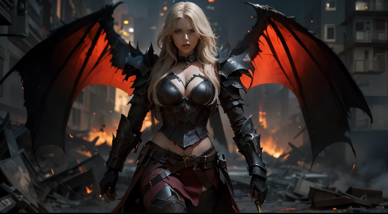 Photo of a female hero in shining armor, Fight giant monsters made of thick black smoke, Set in a cityscape with fiery buildings, Some collapsed, And the sky was filled with thick smoke. Stabbing the Monster