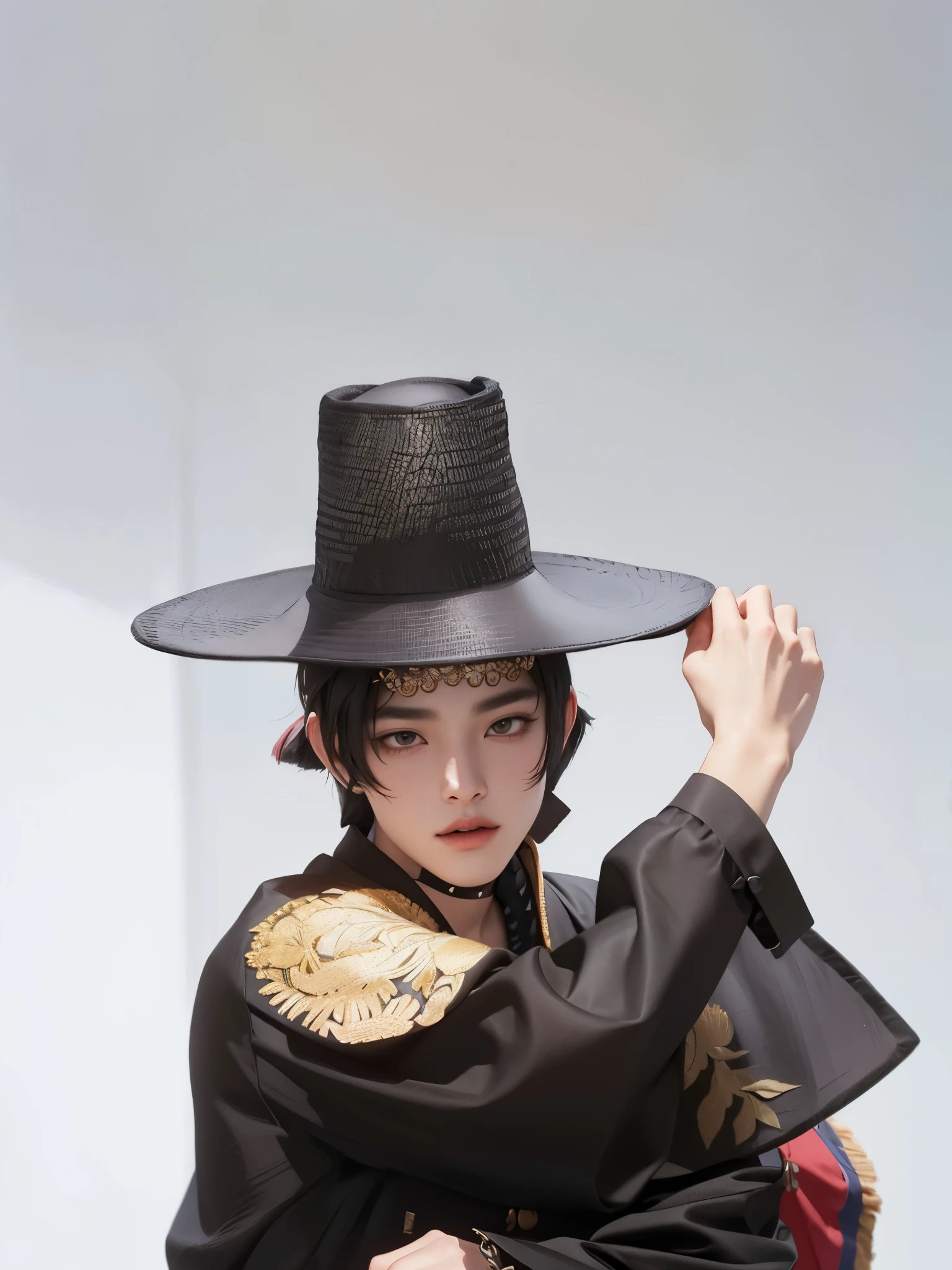 Imagen arafed de un hombre con sombrero negro y chaqueta negra., wearing cylinder hat, kim hyun joo, TaeJune Kim, 2 0 2 0 moda, sombrero puntiagudo negro, seson yoon, kim doyoung, Jinyoung Shin, hanbok, shin jeongho, Pointed conical hat, inspirado en jeonseok lee, inspirado por Shin Saimdang, Jungkook bts, korean male face, kpop, idol, jeon Jungkook, kook, bts, korean kook