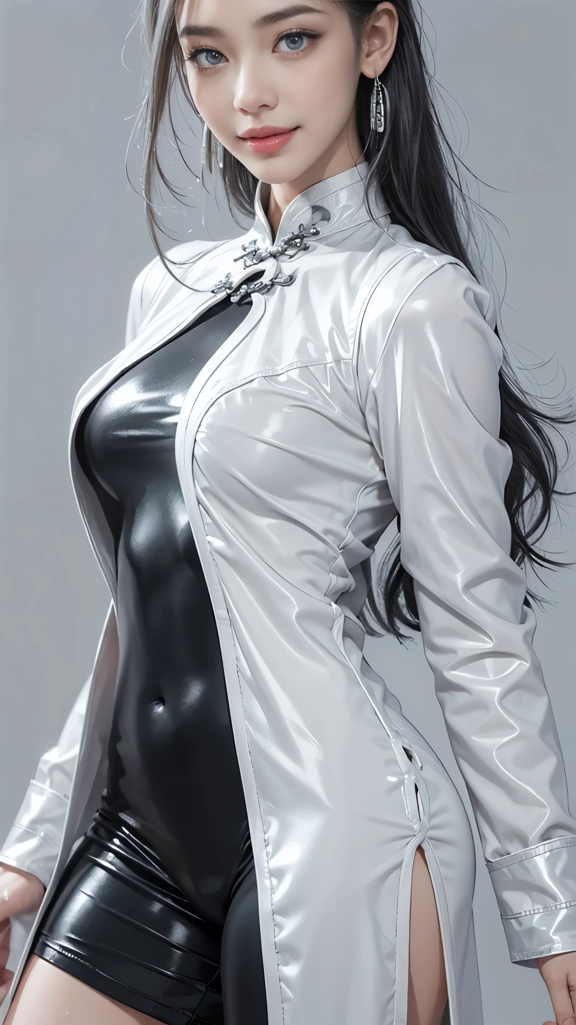 (Realistic:1.2), (all body, fashion portrait:1.6), (brand collection, fashion brand theme:1.6), (detailed, beautiful, masterpiece, best quality:1.2), _ BREAK (1girl:1.2), 22 years old, 160 cm, Japanese cute model, Tightened all body, medium Breasts, small head, small face, diamond Face, small nose, Sharp Faceline, Detailed face, Detailed eyes, young hands and fingers, beautiful hands and fingers, five fingers, _ BREAK (happy, smile, Glossy Lips:1.3), (Light color lips, Half open mouth, beautiful Teeth:1.2), (dropy eyes, Double eyelid, light color eyes, Shiny eyes:1.5), Shiny skin, _ BREAK (arranged hairstyle:1.4), (gray hair, shiny hair, _ BREAK (gray background:1.4), mist, fog , white lightning, _ BREAK (wide angle:1.4), (standing, sexy model pose:1.2),BREAK (black and white theme:1.2), (fusion of sleek black bodysuit and traditional Chinese Cheongsam dress:1.3),(long sleeve:1.2), (mandarin collar:1.2), (form-fitting silhouette:1.2), (dragon shape cut out:1.3), (white thigh-high slit on the side:1.2),
BREAK (silver accent:1.2), (silver hoop earrings:1.2), (black stiletto boots:1.2), (subtle makeup with monochrome tones:1.2),(black Trim accents:1.2),