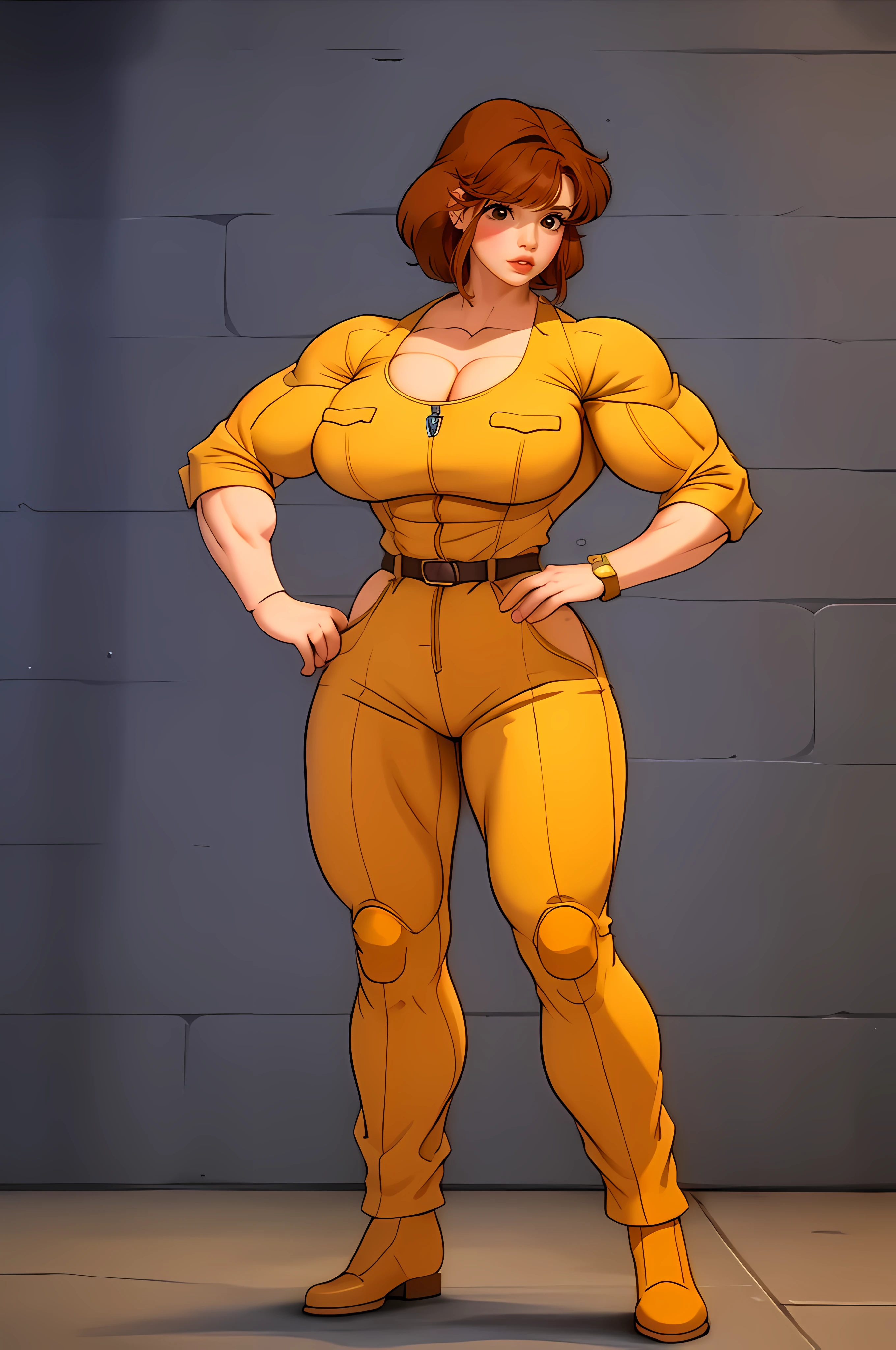 Cowboy shot, 1980s \(style of\), 1girl, Very muscular girl, brown hair, orange hair, retro artstyle, Short hair, Yellow jumpsuit, Hip jumper suit, big_, big biceps, wide hips, cleavage