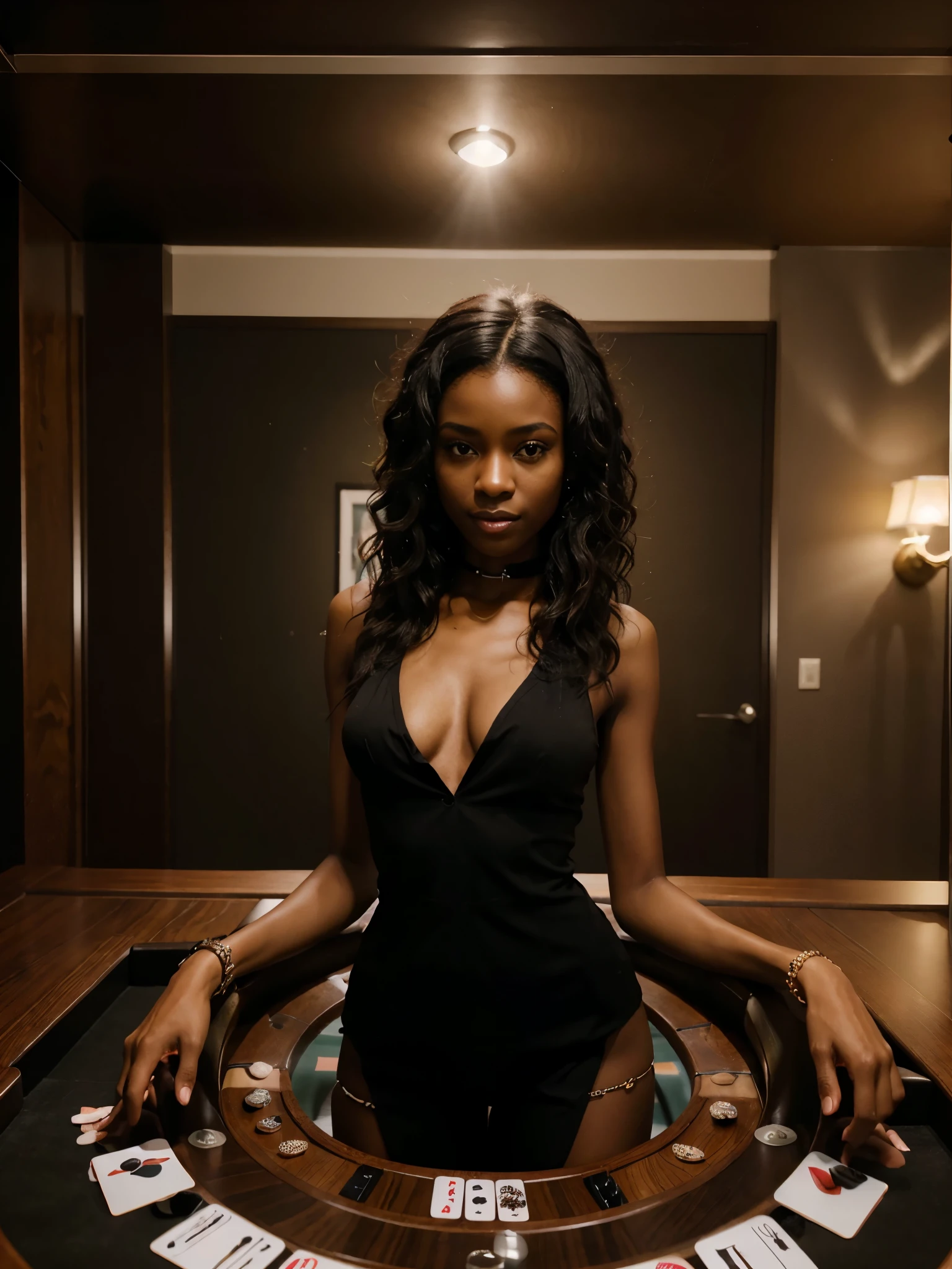 8k, RAW photo, best quality, ultra high resolution, photorealistic, realistic photo of skinny ebony girl playing poker (slim ebony girl dark skin, black hair, curly hair, slim face), in poker club, (playing poker), full body portrait, at the poker table, wearing tuxedo, tuxedo, smirking, (extremely detailed CG unity 8k wallpaper), Sharp focus, (bright light)