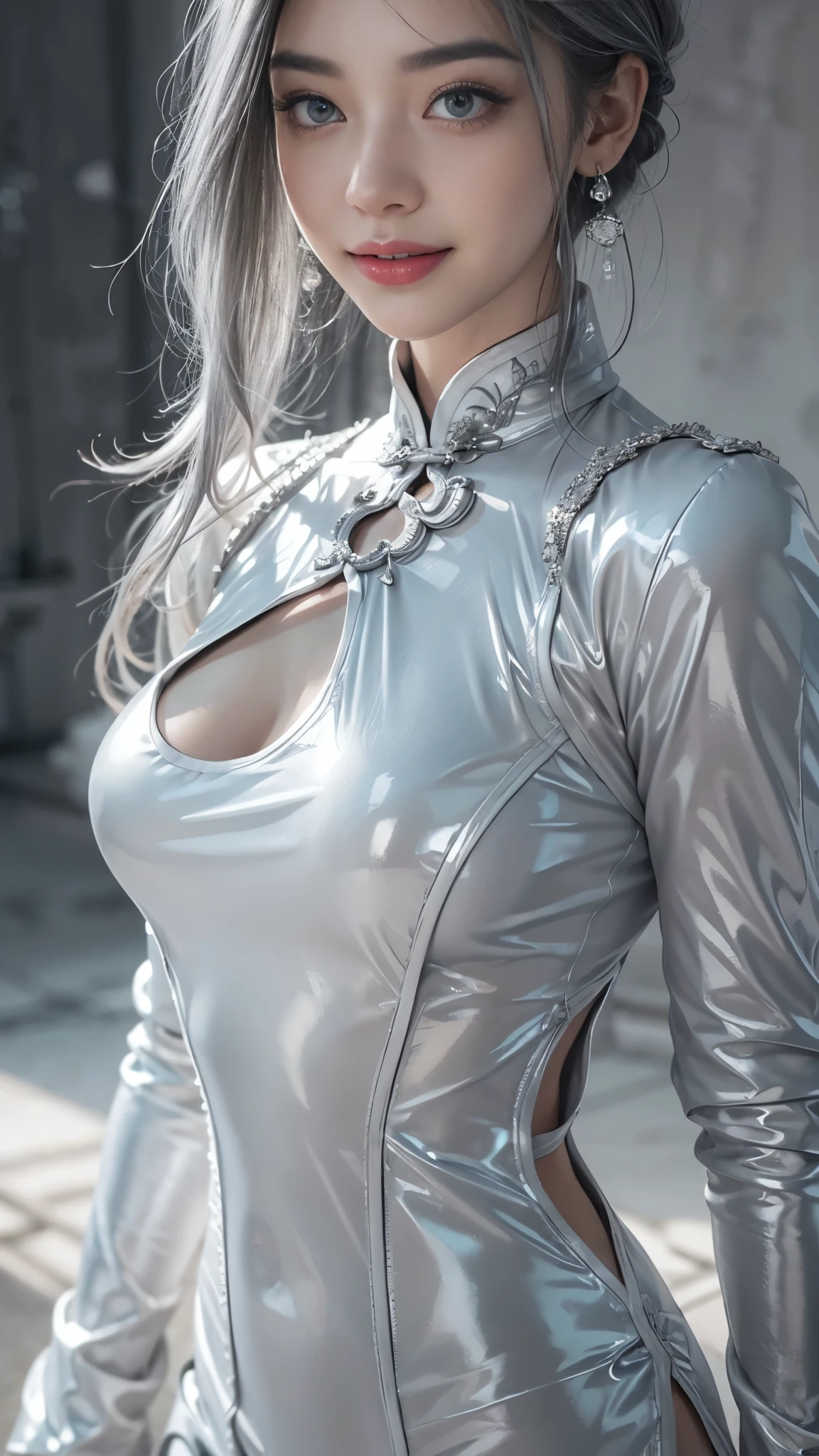 (Realistic:1.2), (all body, fashion portrait:1.6), (brand collection, fashion brand theme:1.6), (detailed, beautiful, masterpiece, best quality:1.2), _ BREAK (1girl:1.2), 22 years old, 160 cm, Japanese cute model, Tightened all body, medium Breasts, small head, small face, diamond Face, small nose, Sharp Faceline, Detailed face, Detailed eyes, young hands and fingers, beautiful hands and fingers, five fingers, _ BREAK (happy, smile, Glossy Lips:1.3), (Light color lips, Half open mouth, beautiful Teeth:1.2), (dropy eyes, Double eyelid, light color eyes, Shiny eyes:1.5), Shiny skin, _ BREAK (arranged hairstyle:1.4), (gray hair, shiny hair, _ BREAK (gray background:1.4), mist, fog , white lightning, _ BREAK (wide angle:1.4), (standing, sexy model pose:1.2),BREAK (black and white theme:1.2), (fusion of sleek black bodysuit and traditional Chinese Cheongsam dress:1.3),(long sleeve:1.2), (mandarin collar:1.2), (form-fitting silhouette:1.2), (dragon shape cut out:1.3), (white thigh-high slit on the side:1.2),
BREAK (silver accent:1.2), (silver hoop earrings:1.2), (black stiletto boots:1.2), (subtle makeup with monochrome tones:1.2)