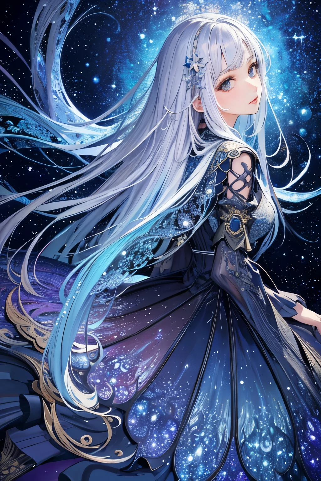 (masterpiece, highest quality, highest quality, official art, beautiful and aesthetic:1.2), (1 girl), very detailed,(fractal art:1.3),colorful,most detailed starry sky silver hair