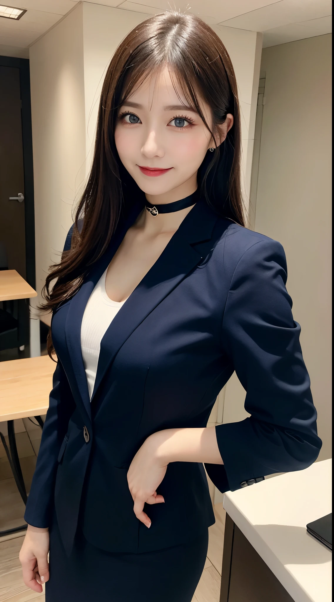 table top, highest quality, super detailed, finely, High resolution, 8k wallpaper, perfect dynamic composition, beautiful and fine eyes, natural lip,blazer , Dark blue business suit , big breasts, whole body, blue eyes , black choker , parlor , natural makeup, Beauty secretary , smile, japanese woman ,