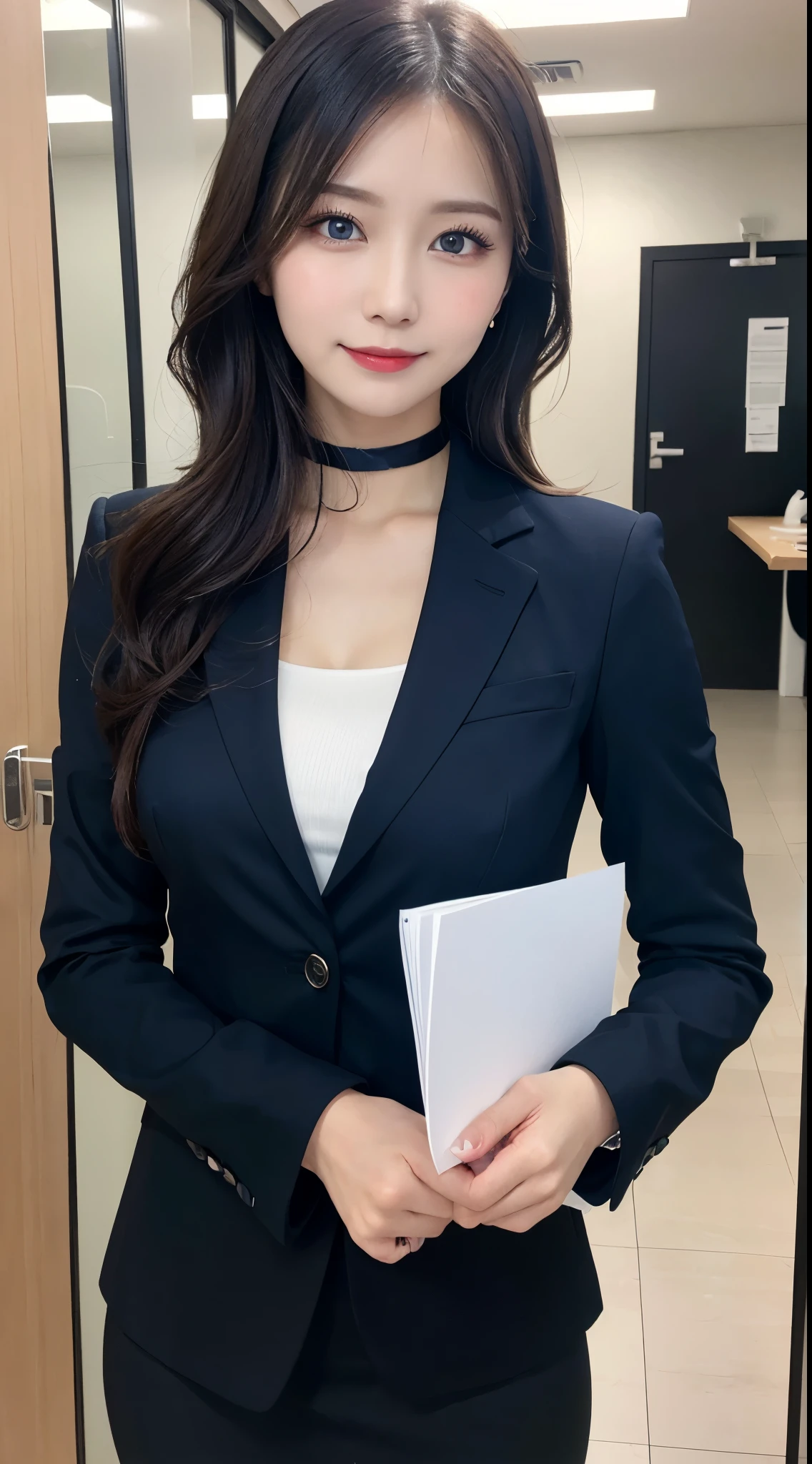 table top, highest quality, super detailed, finely, High resolution, 8k wallpaper, perfect dynamic composition, beautiful and fine eyes, natural lip,blazer , Dark blue business suit , big breasts, whole body, blue eyes , black choker , parlor , natural makeup, Beauty secretary , smile, japanese woman , holding documents in hand