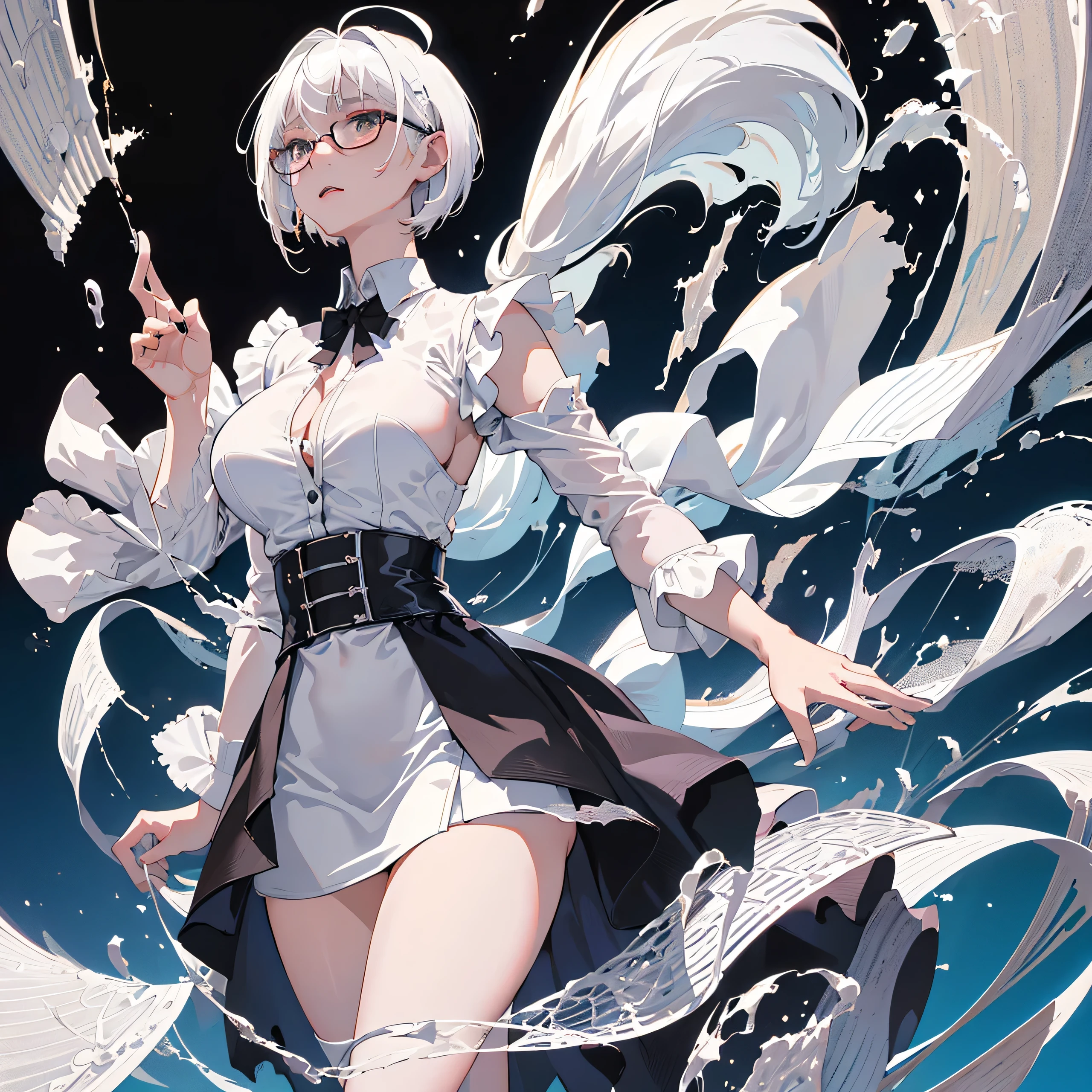 ((masterpiece, highest quality)), (1 girl), (alone), (female focus), (Ahoge, gray hair, short hair), (black eye, clear eyes, Big eyes), ((white shirt), (buttoned shirt)), ((black skirt), (short skirt)), Are standing, white background, turn your arms behind your back, (big breasts, firm chest),