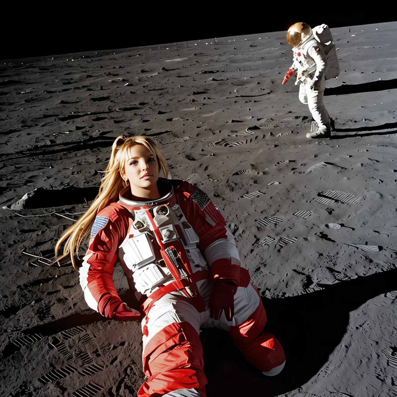 Britney Spears selfie on the moon, USA flag, super realistic