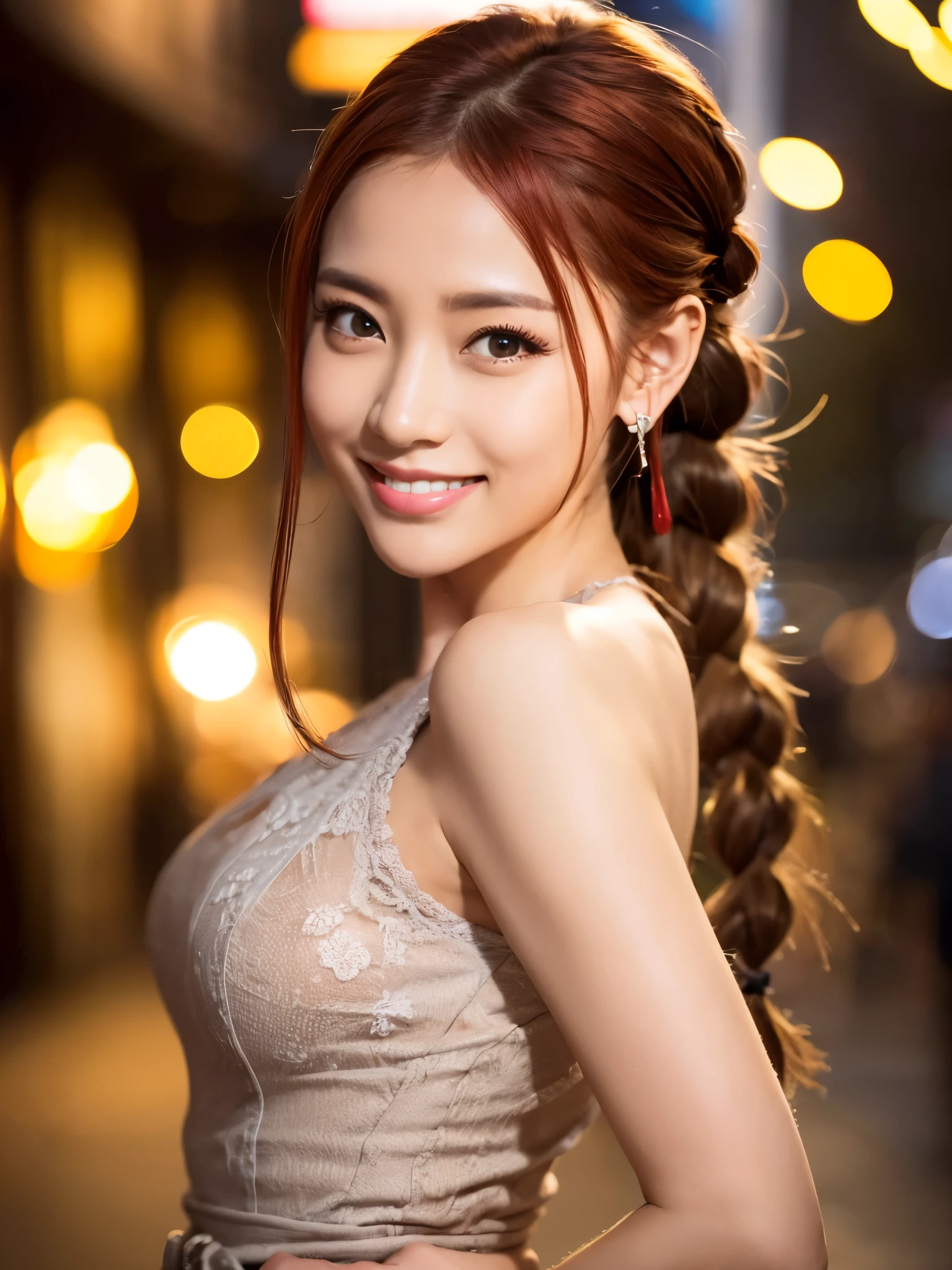 red hair, braid, braided bangs, hairpin, amber eyes, heart earrings, grin, seductive smile, Genre painting, depth of field, Fujicolor,full body, pose from various angles, Sony FE GM, bokeh, UHD, 16k, anatomically correct, textured skin, super detail, award winning, best quality,รองเท้าส้นสูงสีแดง.