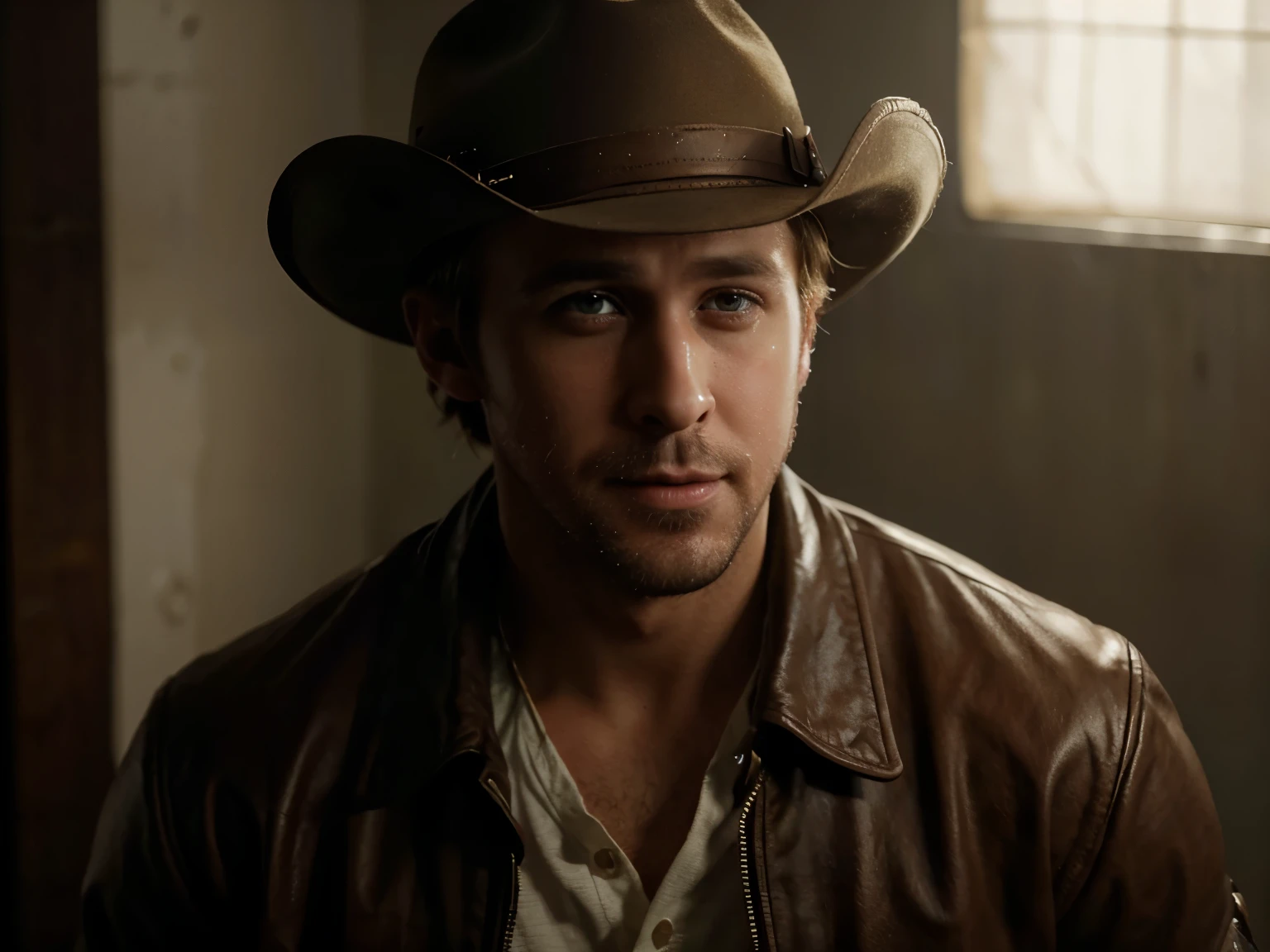 Ryan Gosling, estilo cowboy ocidental, pistoleiro, fotografia, best quality, Realistic, Realistic, detalhes intrincados, (detalhes finos), (detalhes intrincados), Cinematic light, Melhor qualidade de luz de fundo, linhas claras, 8k, super high resolution, Pureerosface_v1,