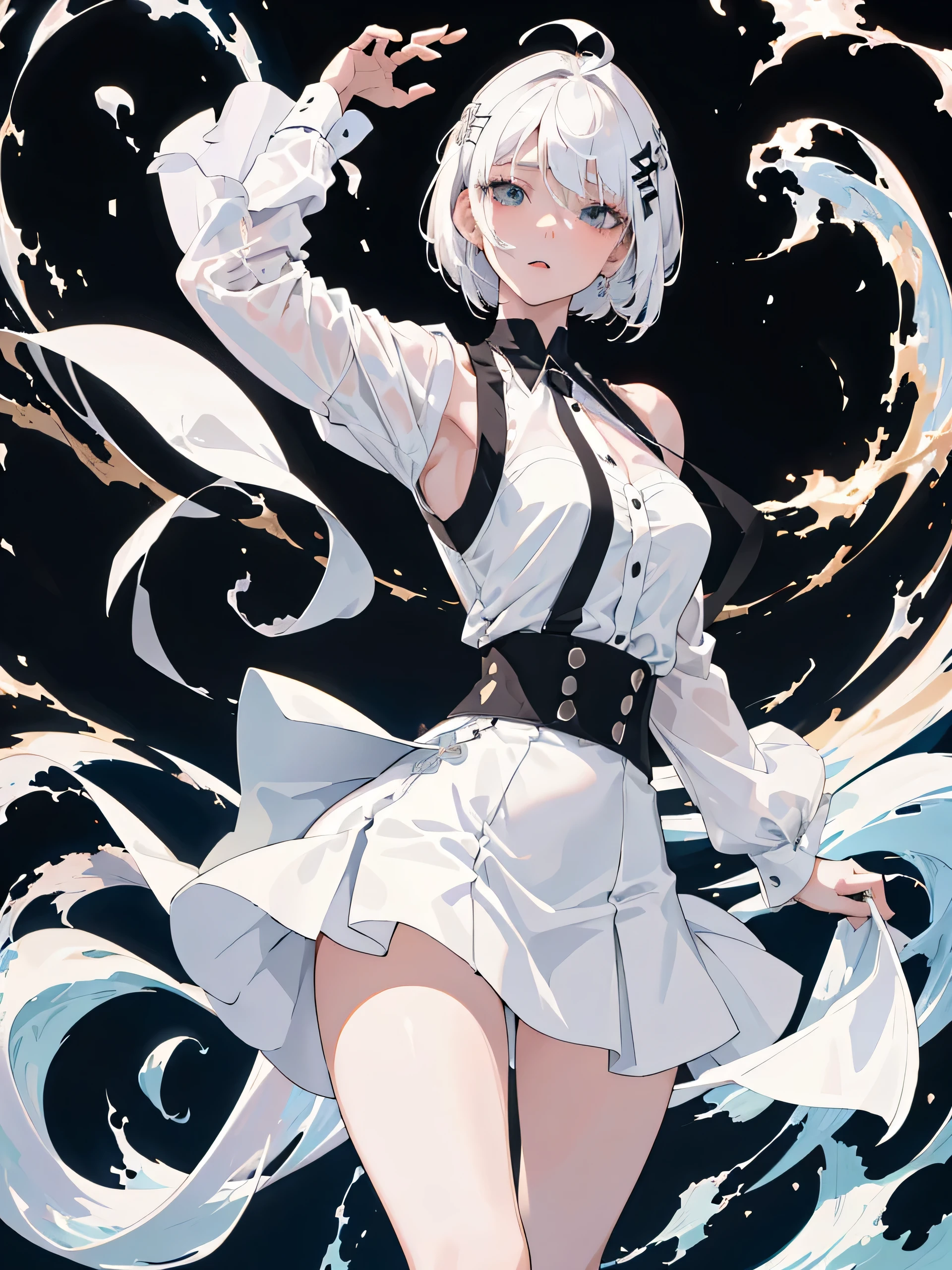 ((masterpiece, highest quality)), (1 girl), (alone), (female focus), (Ahoge, gray hair, short hair), black eye, ((white shirt), (buttoned shirt)), ((black skirt), (short skirt)), Are standing, white background, turn your arms behind your back,