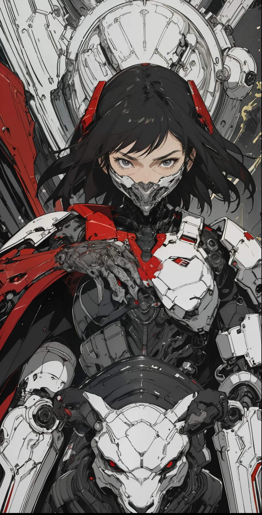 a close up of a female deity with a black and red biomechanical body, black and white void space, mix of magic and science, magic, science, black and red biomechanical details, silver tracing around some armor pieces, great character design, white biomechanical details, red mecha, highly detailed exquisite art, intricate red armor, no face, halo of energy over his head, 