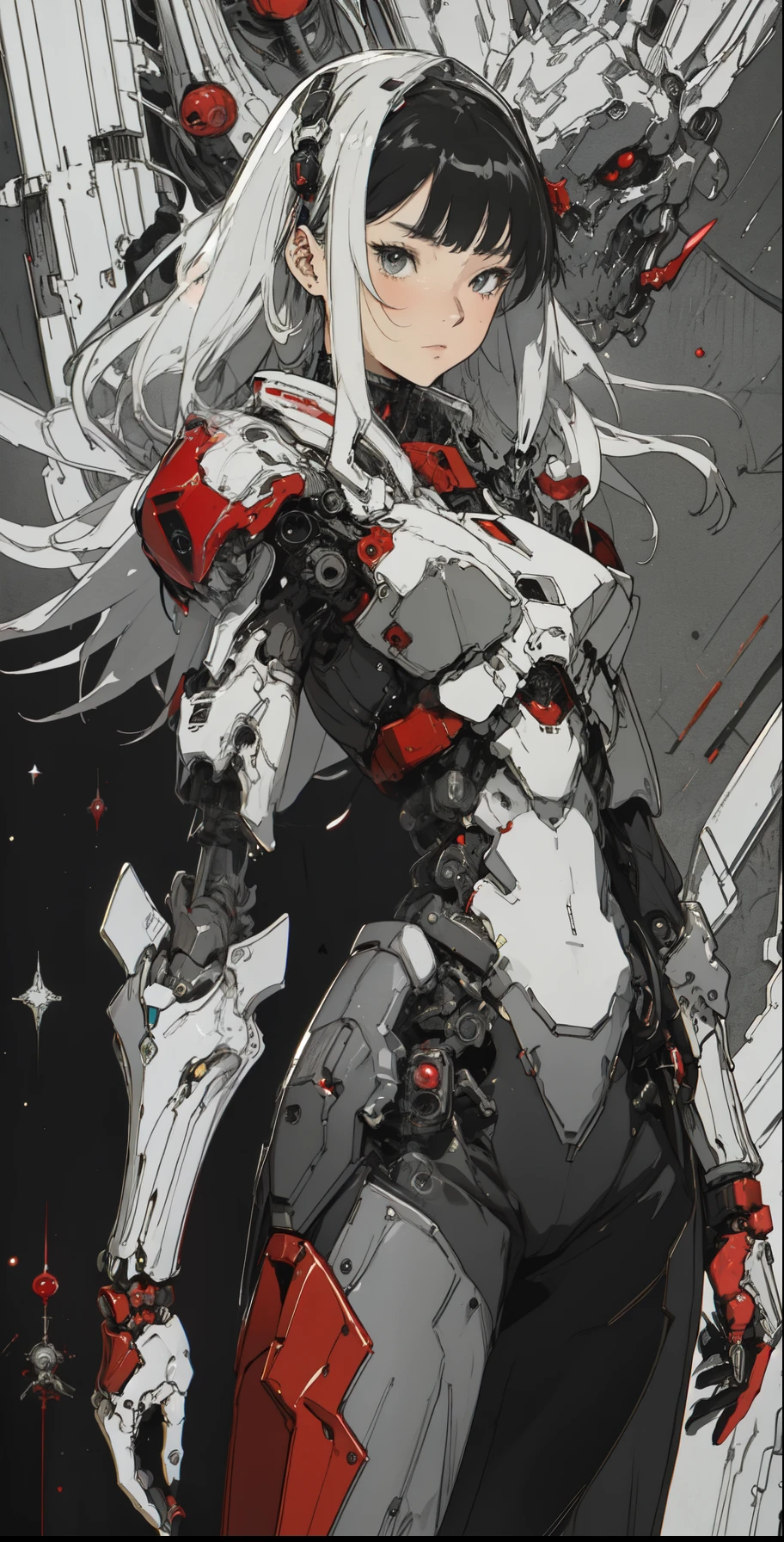 a close up of a female deity with a black and red biomechanical body, black and white void space, mix of magic and science, magic, science, black and red biomechanical details, silver tracing around some armor pieces, great character design, white biomechanical details, red mecha, highly detailed exquisite art, intricate red armor, no face, halo of energy over his head, 