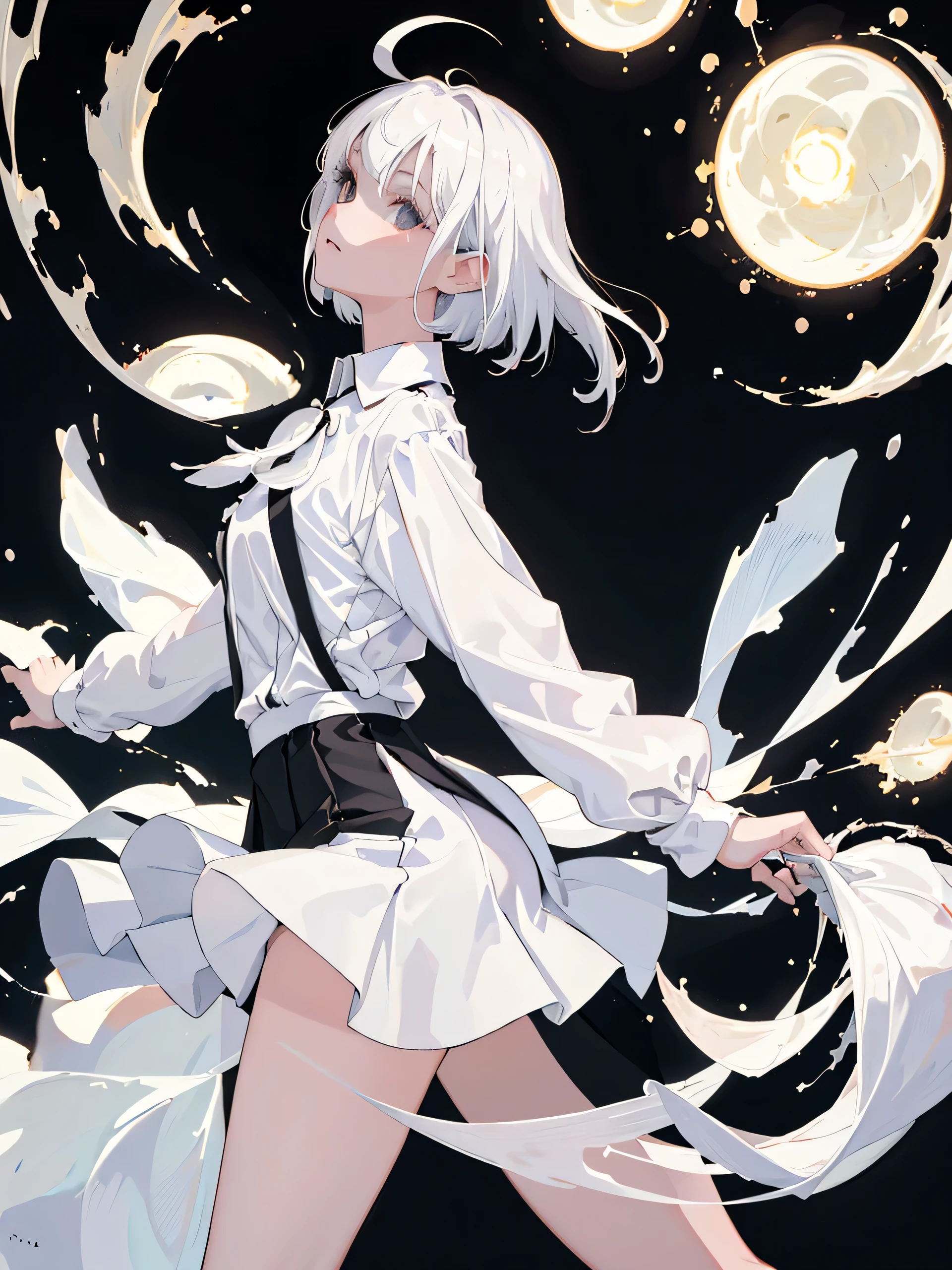 ((masterpiece, best quality)), (1girl), (solo), (female focus), (ahoge, white hair, short hair), black eyes, ((white shirt), (buttoned shirt)), ((black skirt), (short skirt)), standing, white background, behind arms,