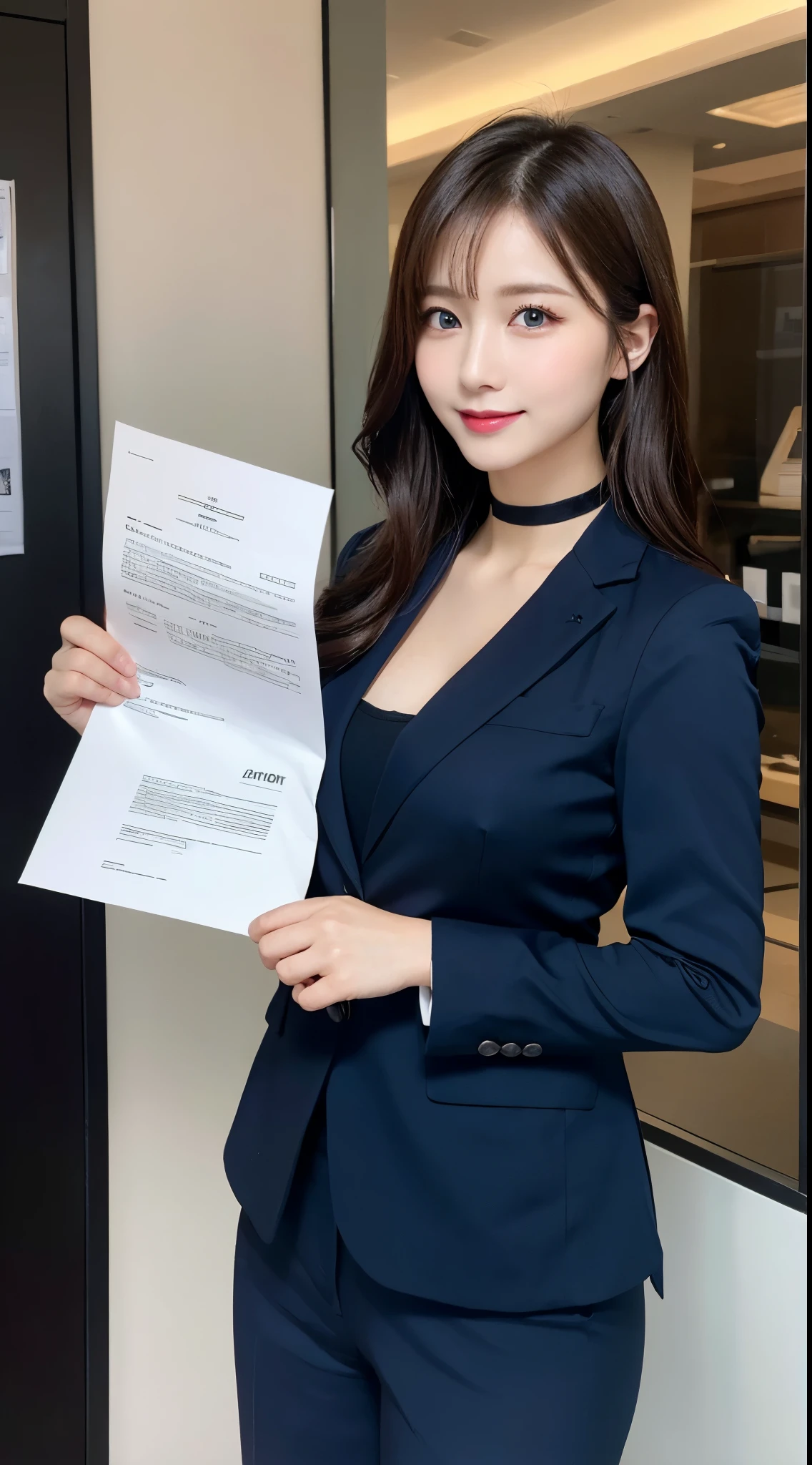 table top, highest quality, super detailed, finely, High resolution, 8k wallpaper, perfect dynamic composition, beautiful and fine eyes,  natural lip,blazer , Dark blue business suit , big breasts, whole body, blue eyes , black choker , parlor , natural makeup, Beauty secretary , smile, japanese woman , holding documents in hand