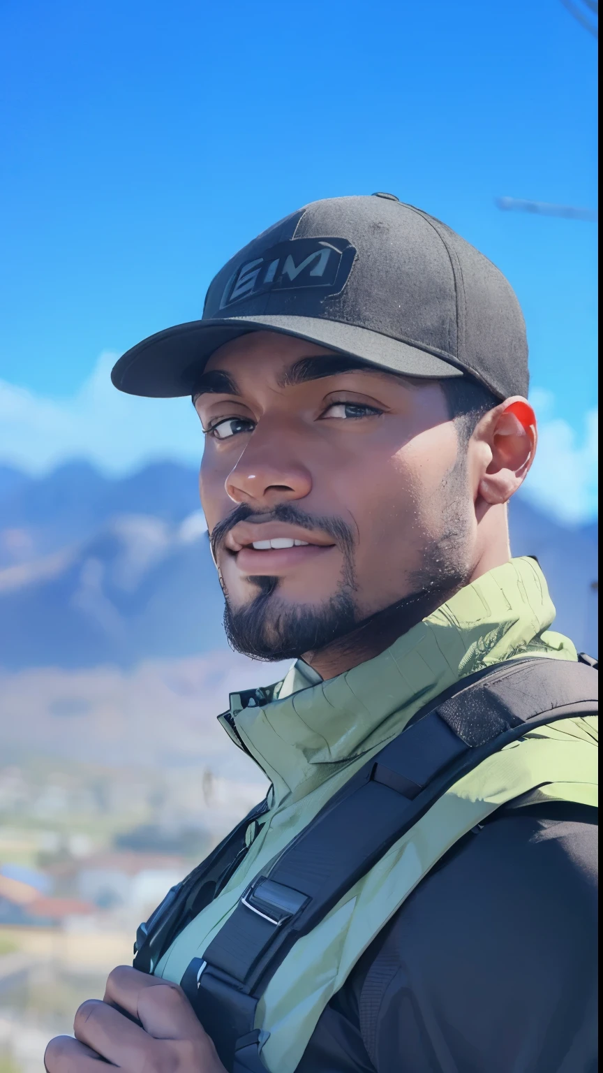 A handsome black man wearing a black baseball cap and a green vest with a black backpack on