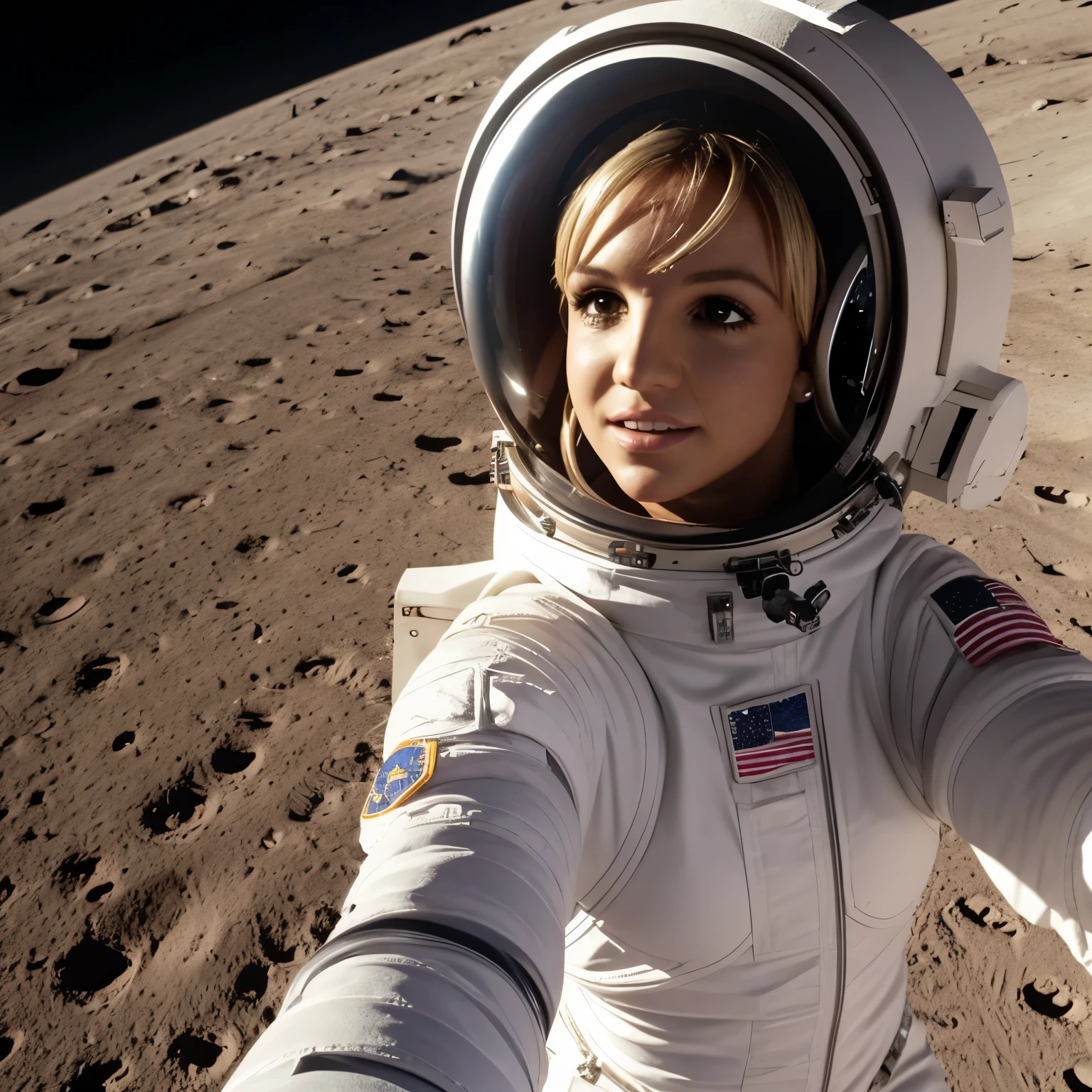 Britney Spears selfie in an astronaut costume posing from the moon, without a helmet on her head, super realistic