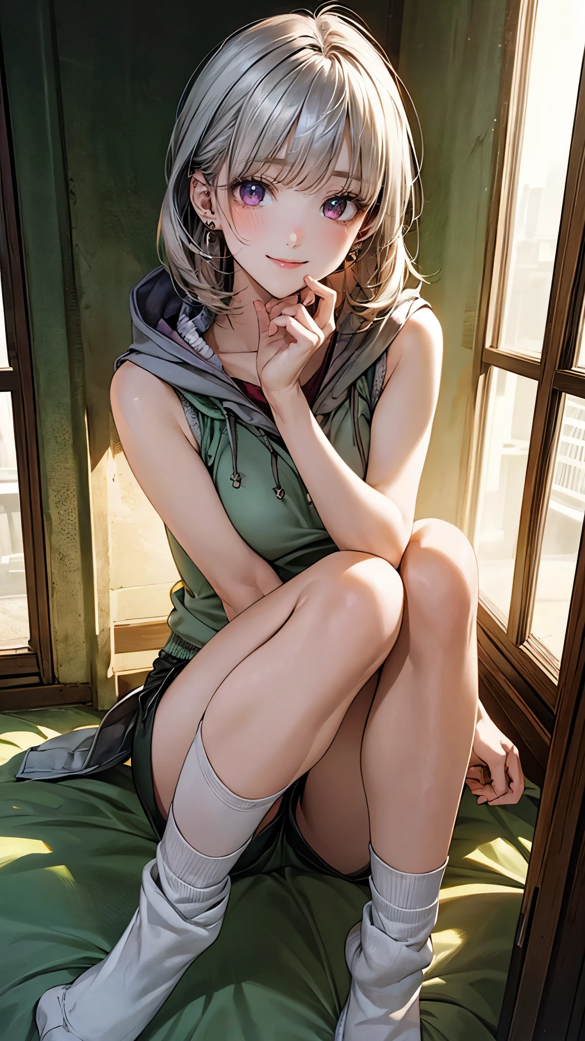 (masterpiece:1.2, top-quality), (realistic, photorealistic:1.4), beautiful illustration, (natural side lighting, movie lighting),
looking at viewer, fullbody, 1 girl, japanese, high school girl, perfect face, cute and symmetrical face, shiny skin, babyface,
(short hair, messy hair, silver hair), braided bangs, asymmetrical bangs, dark purple eyes, (middle breasts, seductive thighs, big ass), piercings,
beautiful hair, beautiful face, beautiful detailed eyes, beautiful clavicle, beautiful body, beautiful chest, beautiful thigh, beautiful legs, beautiful fingers,
((closed clothes, light grey green sleeveless hoodle, hood, light green shorts, light green socks)),
(beautiful scenery), evening, modern, girl's room, sitting bed, (lovely smile, upper eyes),