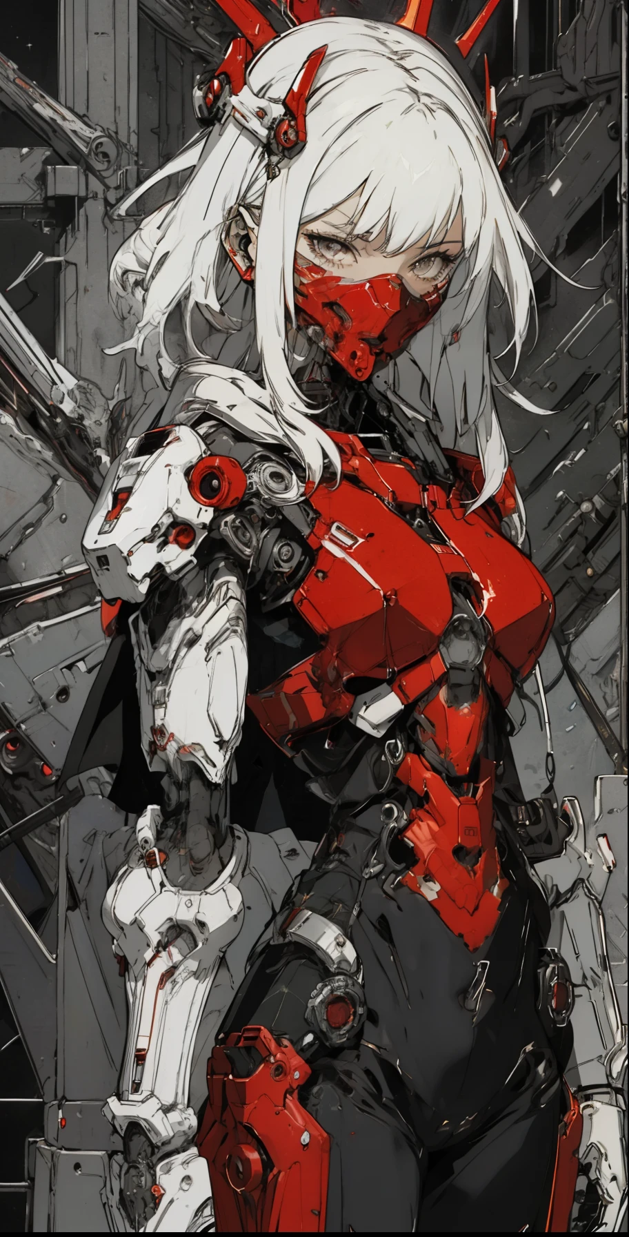 a close up of a female deity with a black and red biomechanical body, black and white void space, mix of magic and science, magic, science, black and red biomechanical details, silver tracing around some armor pieces, great character design, white biomechanical details, red mecha, highly detailed exquisite art, intricate red armor, no face, halo of energy over his head, 